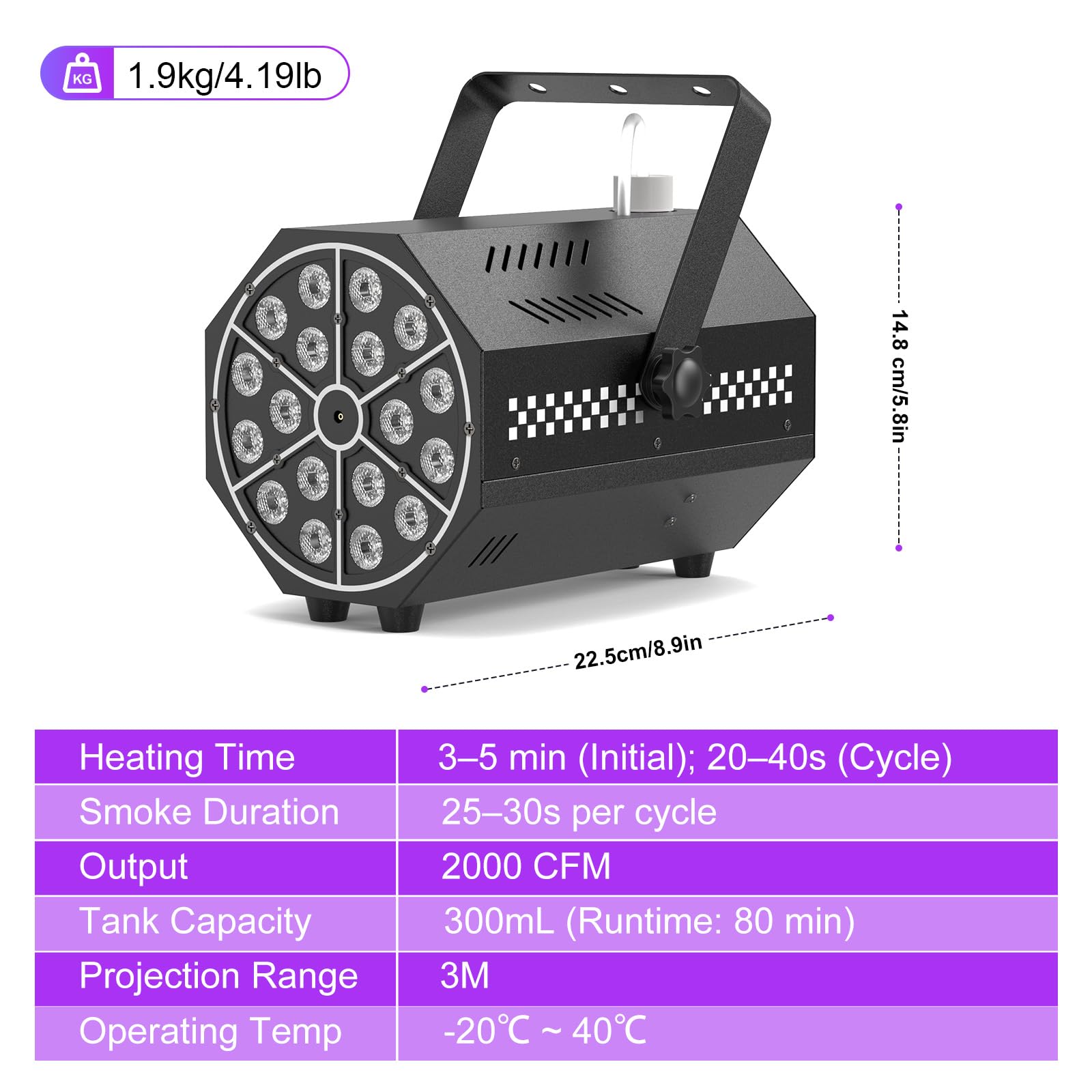 Macchina del Fumo 800W con 18 LED RGB, 7 Colori Statici 5 Modalità LED Dinamiche con Telecomando e Serbatoio da 300mL per Halloween Natale DJ Party e Palchi