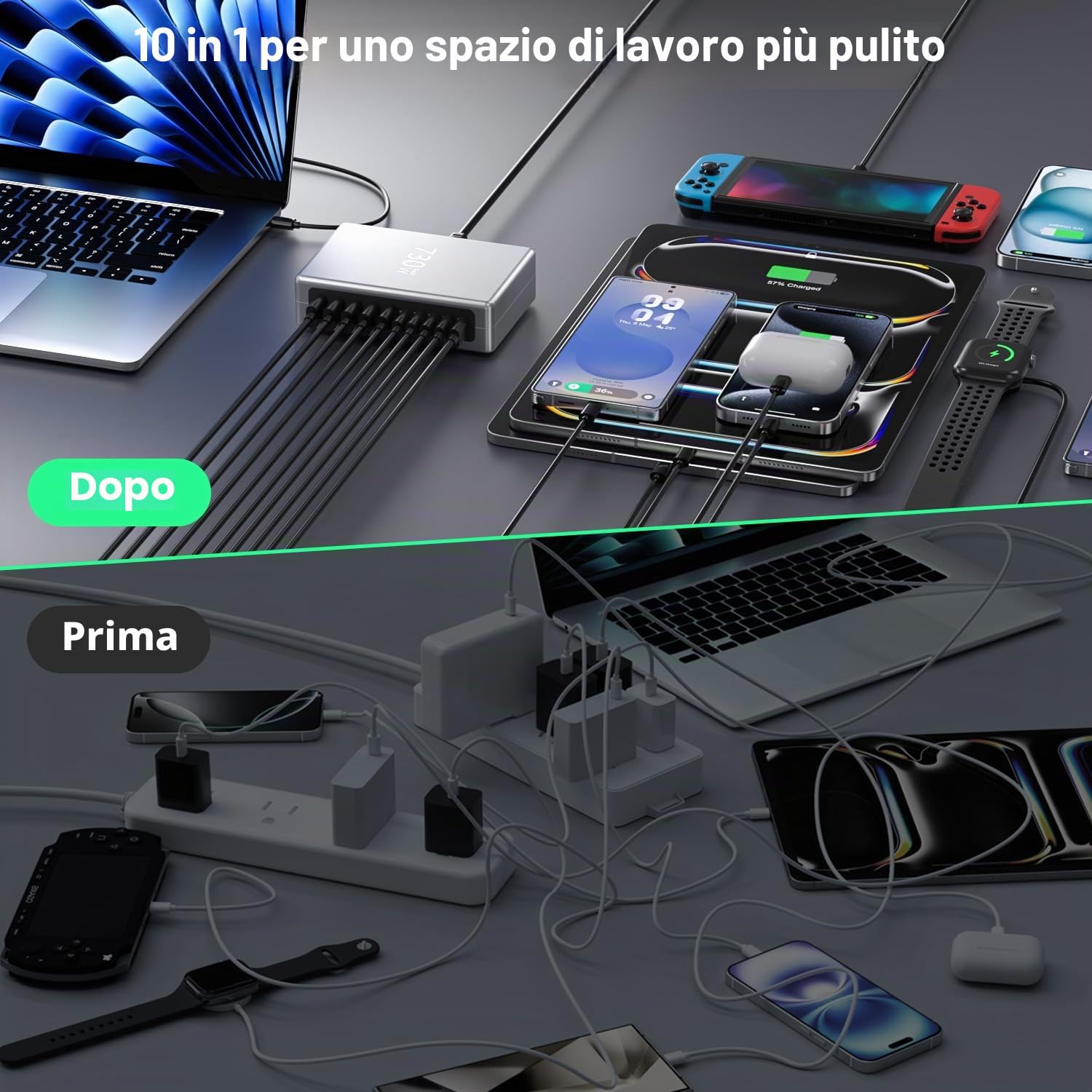 GaN - Caricatore USB C multiplo, 730 W, 10 porte, per laptop, telefoni cellulari, tablet, stazione di ricarica rapida con 6 porte USB C + 4 porte USB A, alimentatore PD