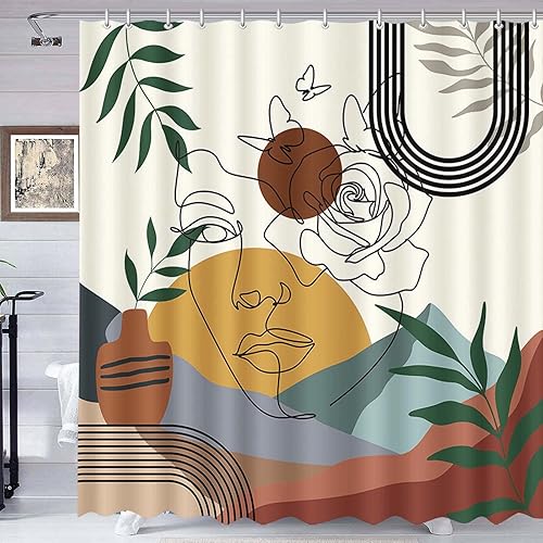 Miniatura 2 de Cortina de ducha abstracta de cara de niña, bohemia de mediados de siglo, cortina de ducha abstracta para baño, arco de sol, hojas verdes, bañeras,