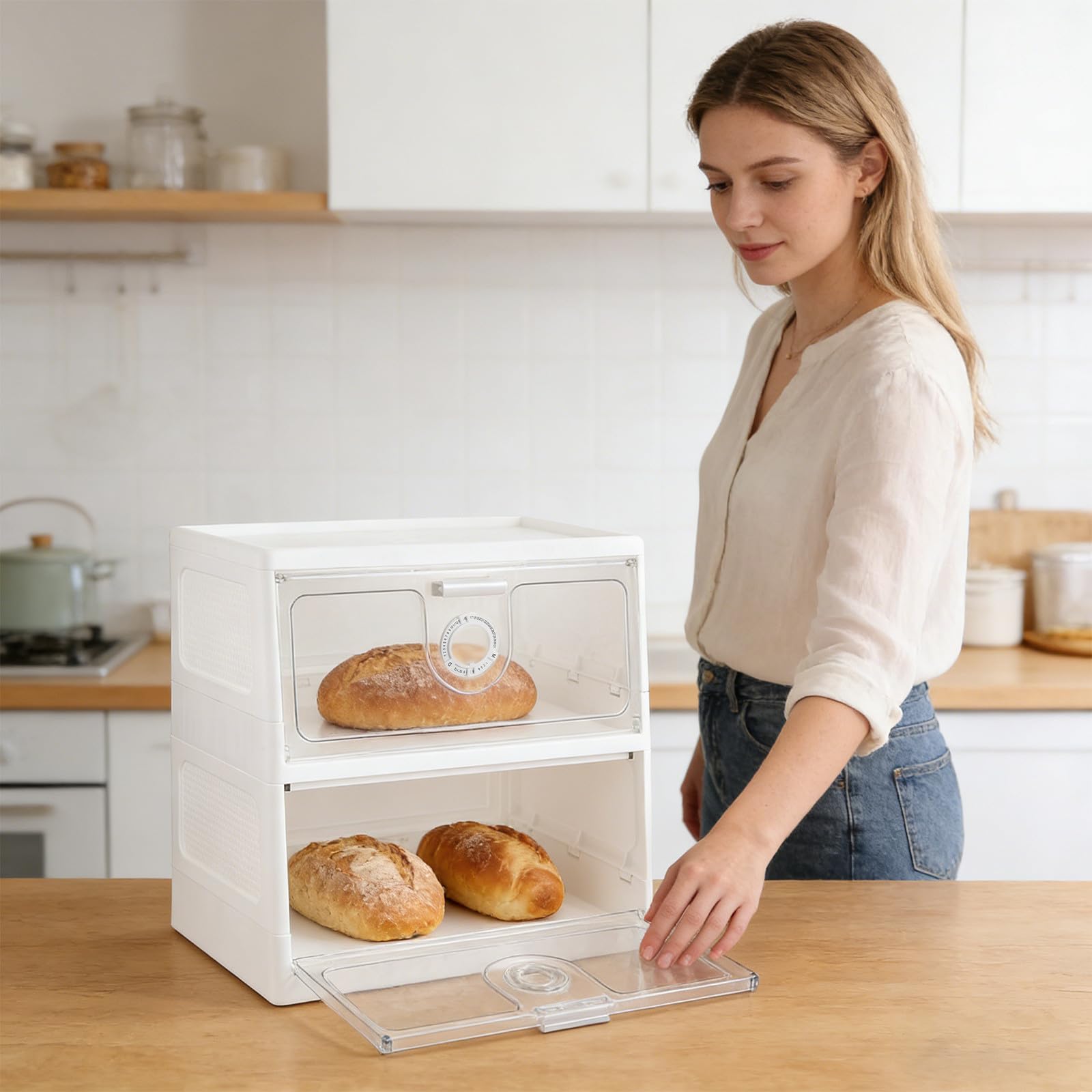 SHINEOFI Dwuwarstwowy pojemnik na chleb do blatu, składany pojemnik do przechowywania, przezroczysta szafka z organizerem do szuflady, do blatu kuchennego, domowe muffiny z bajgla