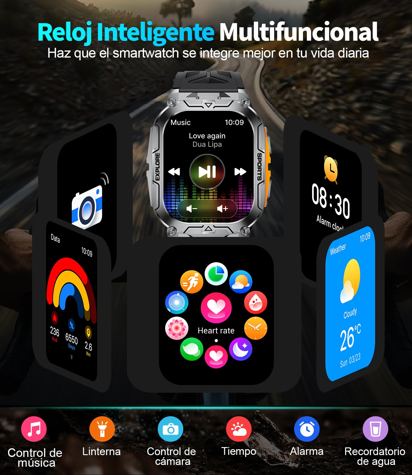Reloj Inteligente Hombre, Batería 1000 mAh, Linterna LED,Smartwatch para Correr con Pantalla HD 2.01", Podómetro, Monitor de Sueño, IP68 Impermeable, Smartwatch Android iOS (Negro-Naranja)