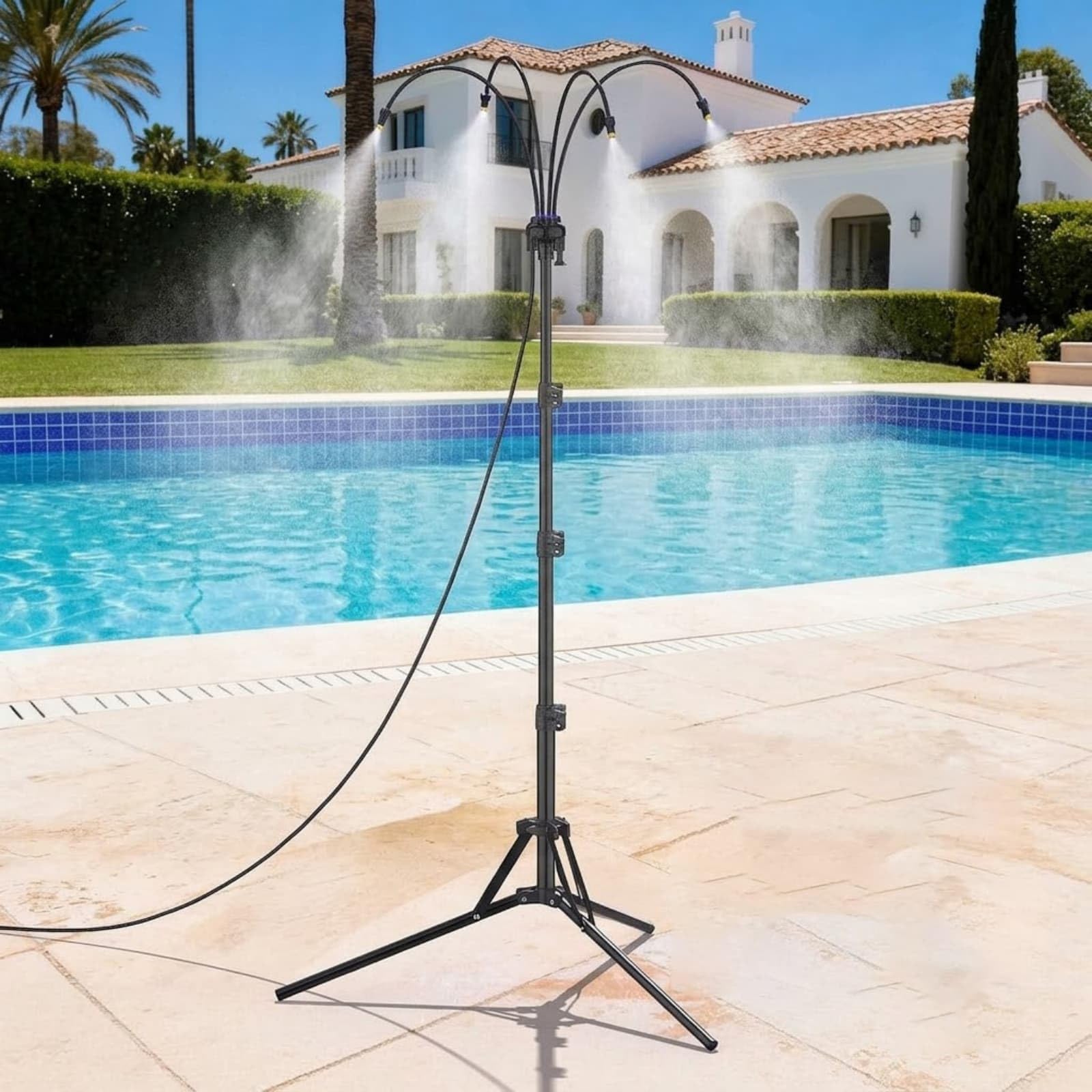 Système de brumisation sur pied avec tuyau de 8 m, brume d'eau triangulaire, hauteur et direction réglables, refroidisseur de jardin portable pour terrasse et piscine