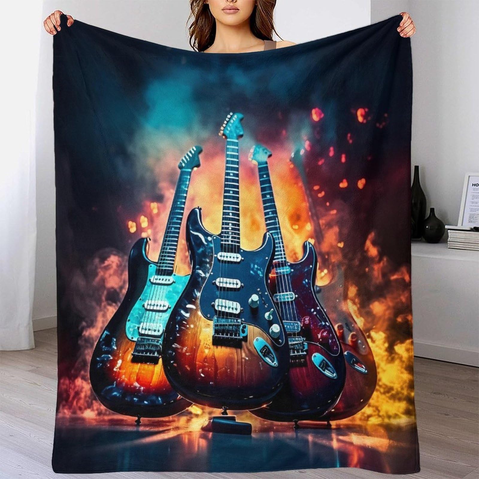stampa 3D Electric guitars coperta da divano microfibra biancheria da letto lavabile coperta da salotto anti-pilling per giovani in relax serale Rock music 80×90inch(200x230cm)