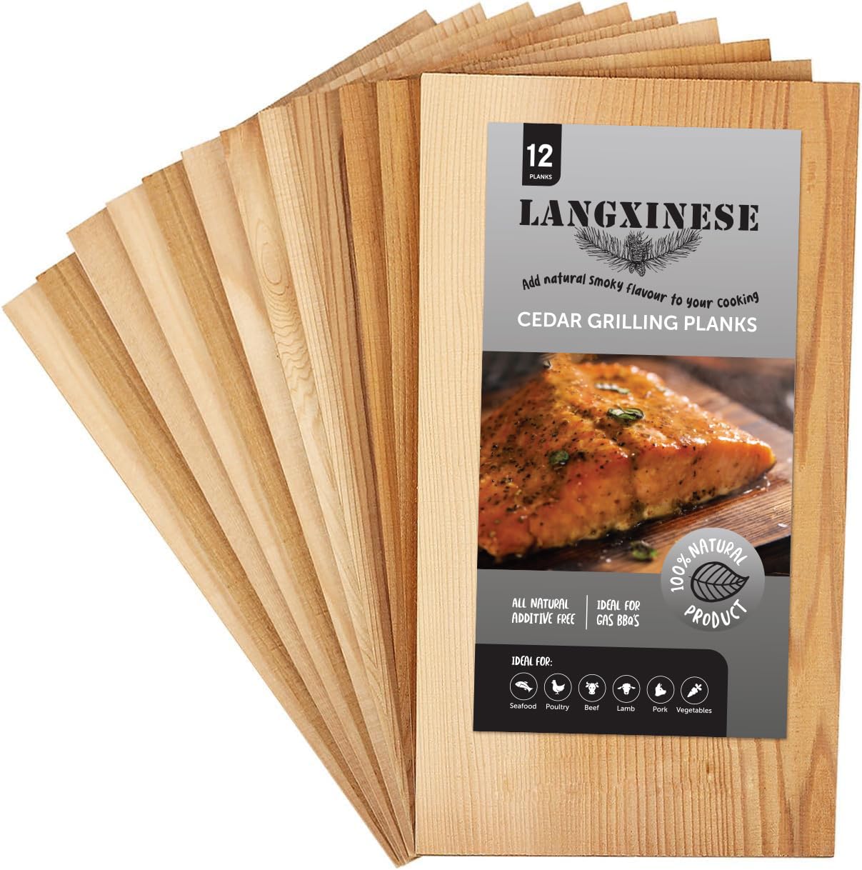 Langxinese Bigger 12 PK, Cedar Planks for Grilling Salmon,11"x 5.75" Better Smoking, Add Best Smoky Flavor to Salmon, Veggies, Restaurant Quantity