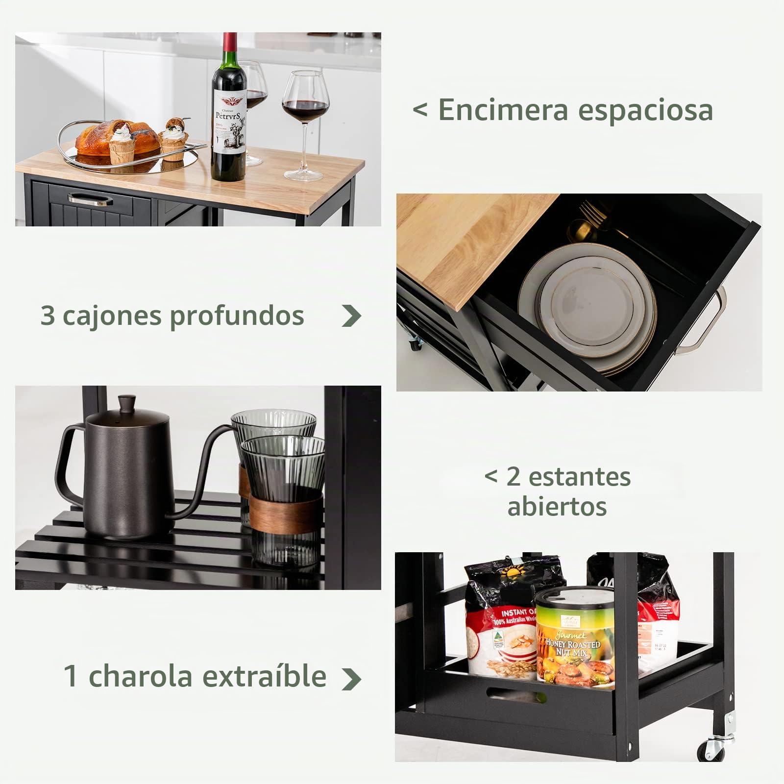 KOMFOTTEU Carrito de Cocina con Ruedas, Carro de Servicio con 3 Estantes Abiertos y 3 Cajones, Carro Auxiliar con Encimera de Madera de Caucho, Isla de Almacenamiento para Comedor (Negro)