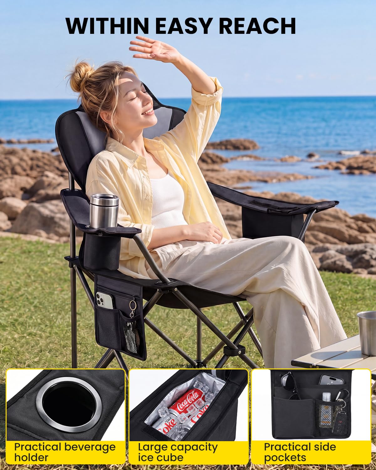 YEAUPE PRO Silla de Camping Plegable, Sillas de Pesca, hasta 150 kg, XL | Respaldo Alto, con Portavasos y Bolsa de Transporte, Silla Exterior para Camping, Playa, Jardín y Pesca