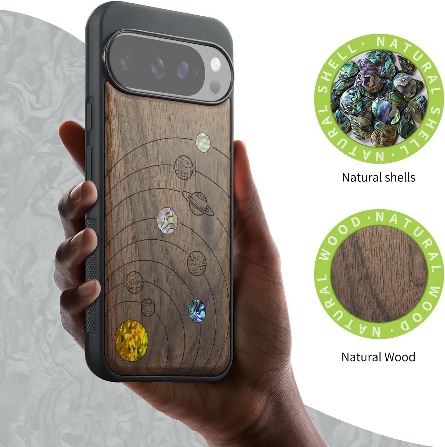 Carveit Magnetic Wooden Case for Pixel 10 / Pixel 10 Pro Case, Wood Artisan Engraved & Handmade Shell Inlaid, Compatible with MagSafe Wireless Chargers, Solar System - Walnut