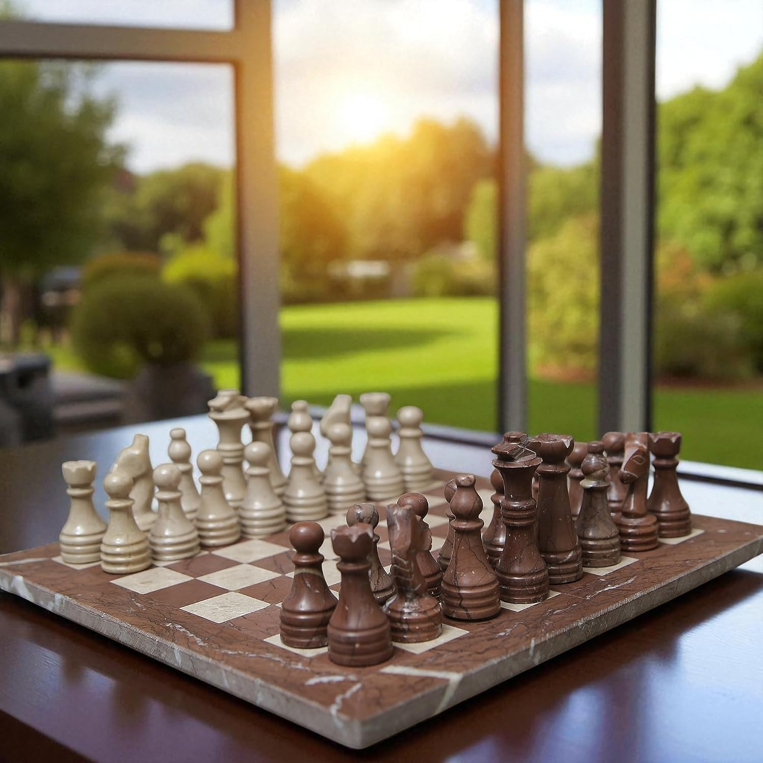 Handmade Staunton Marina and White Marble Chess Board Game Set - Best Board Games for Home Décor Gifts - Suitable for Table Décor 12" 15" Inch (12 x 12, Marina and Beige)