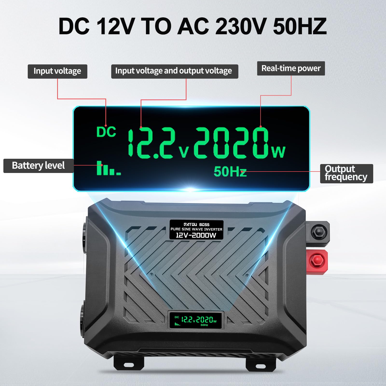 DATOUBOSS 2000W/4000W Spannungswandler 12v auf 230v Reiner Sinus Wechselrichter Power Inverter mit 2 EU Steckdosen, USB/Type-C und LCD Anzeige, Umwandler für LKW Camping Haushaltsgeräten