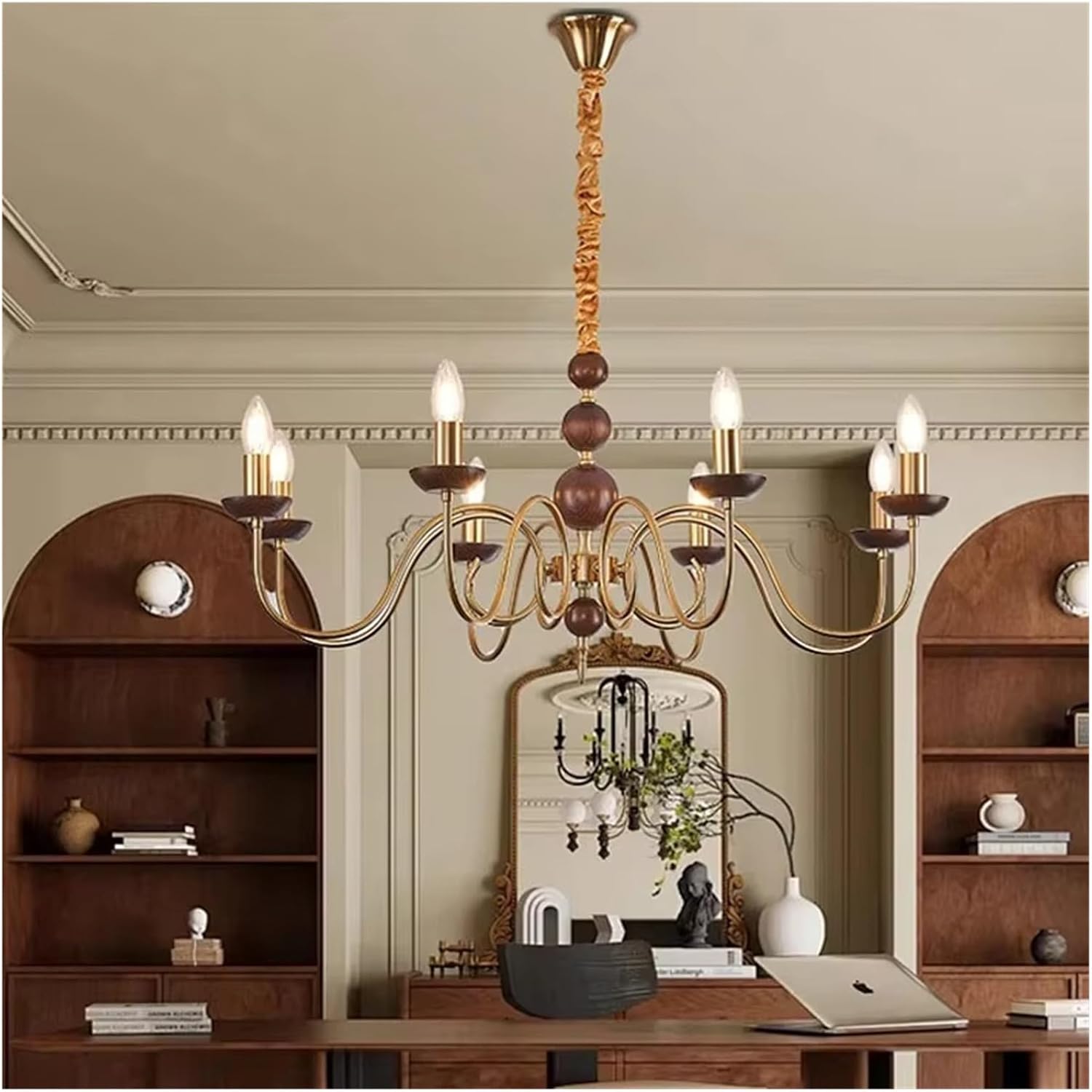 Walnut Wood Brass Candle Chandelier Retro Style Art Design Pendent Light Living Room Dining Room Bedroom Hanging Lamp,luminaire