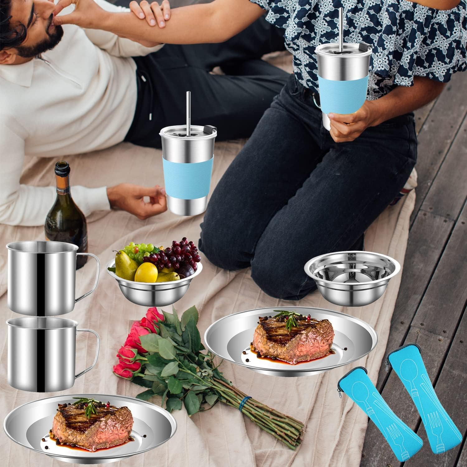 Lot de 20 couverts de camping en acier inoxydable pour 2 à 3 personnes - Comprend plaque, bol, cuillère, fourchette, couteau avec sac en maille pour le camping et les randonnées