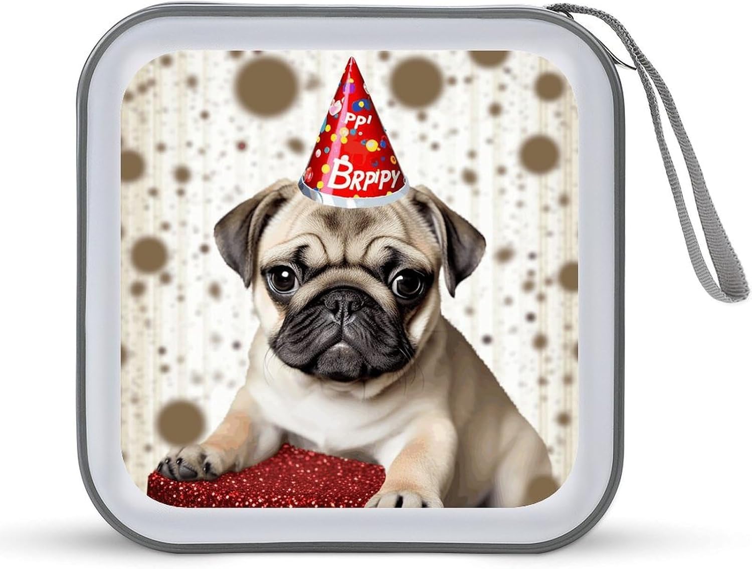 Cute Happy Birthday Pug Puppy DVD Case 40 Capacity Protective Storage Organizer Binder Booklet Album Portable Disc Wallet Car CD Disk Holder Hard Plastic CD Cases CD DVD Case Holder