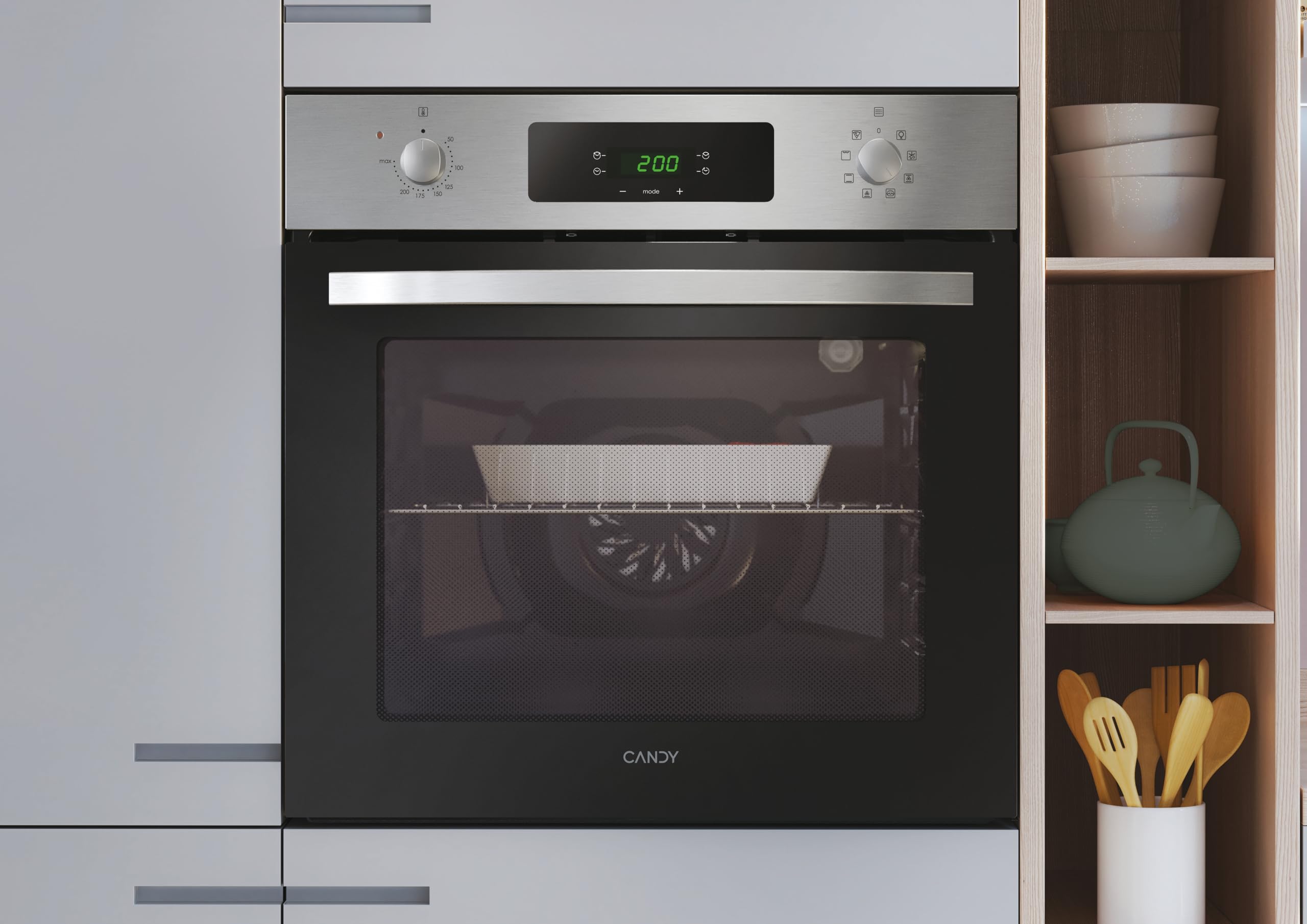 Candy Idea FIDC X605, Forno multifunzione, 65L, 2400W, 1 Vassoio e 2 Griglie, Ventilatore Radiale, 9 Funzioni, Timer, Display touch, Porta Doppio Vetro Rimovibile, Inox e Nero