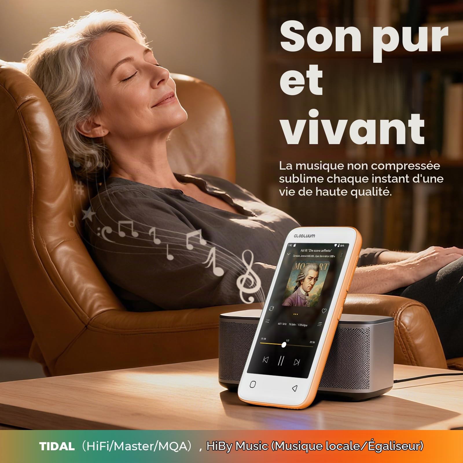Lecteur MP3 96 Go avec Bluetooth 5.0 et WiFi, Lecteur de Musique Compatible Spotify, Audible, Amazon Music,Lecteur MP4 Android à écran Tactile 4 Pouces avec Son HiFi, Radio FM (Orange Cosmique)