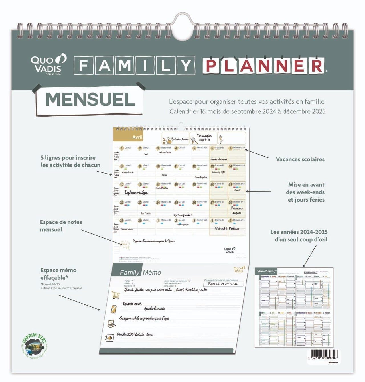 Quo Vadis Calendrier Mural Mensuel Family Planner 16 mois 30x30 cm