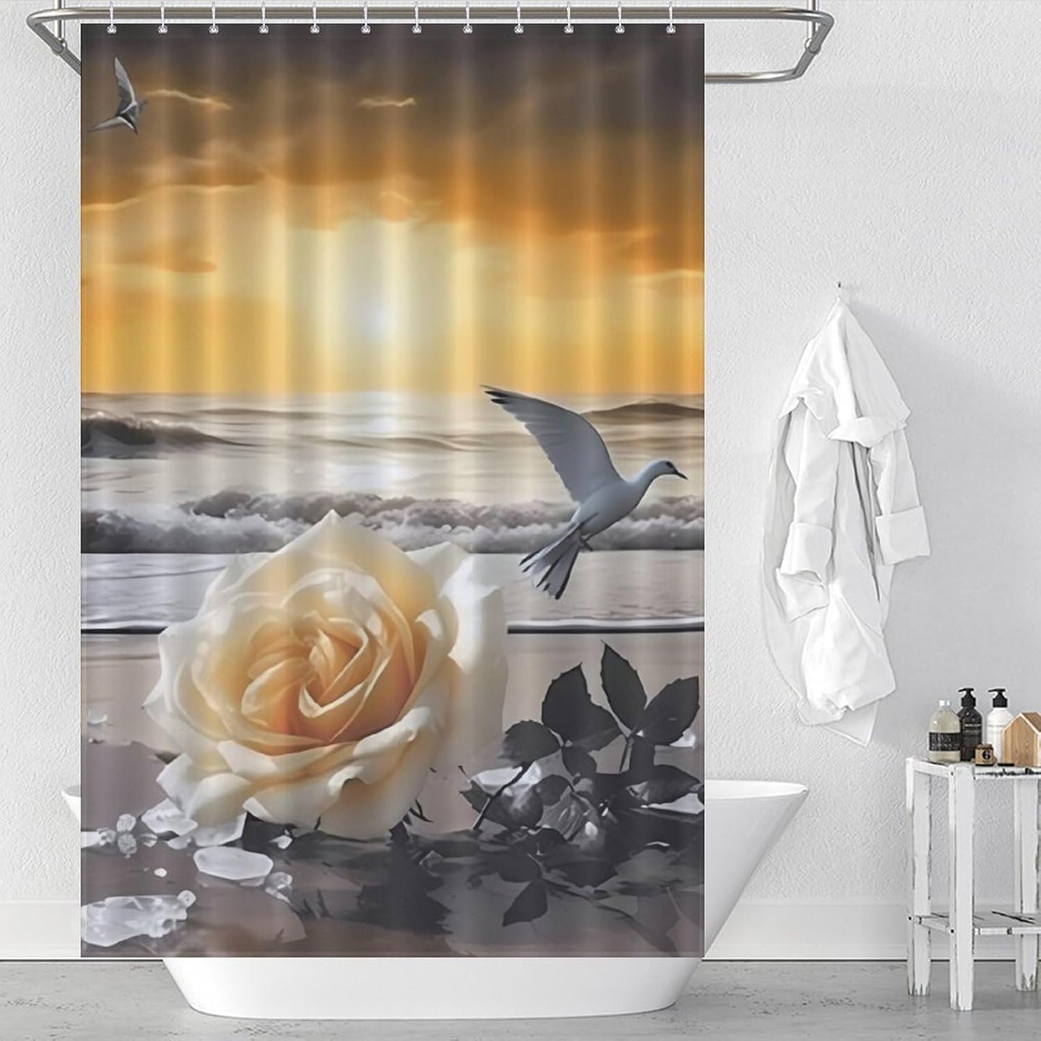 Yellow Roses Birds Ocean Funny Shower Curtains Washable Bath Curtain Liner with Hooks for Bathroom Bath Tubs