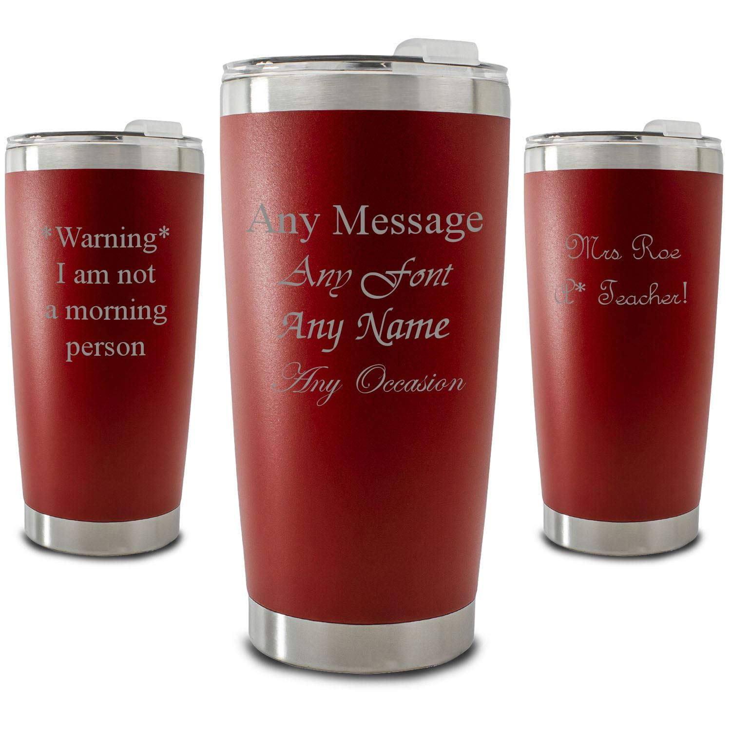 Personalisierter, gravierter, roter 500-ml-Reisebecher, personalisierbar mit jeder Nachricht, Auswahl aus verschiedenen Schriftarten, inklusive Geschenkbox, Lasergravur
