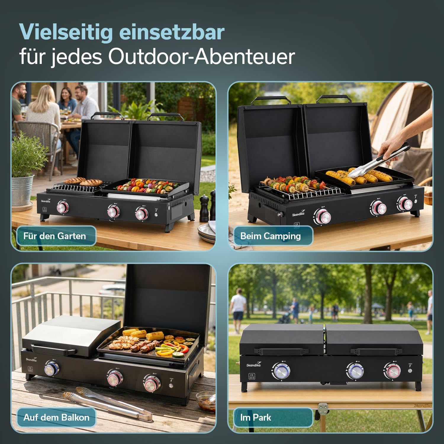 Skandika Plancha Grill Eldur 3-Brenner Plus | Grillplatte mit Deckel, 3 Brenner, tragbarer Gasgrill mit Kochplatte, Outdoor, Camping | Gasplancha, Grillplancha, Gasbräter, Balkongrill, Tischgrill
