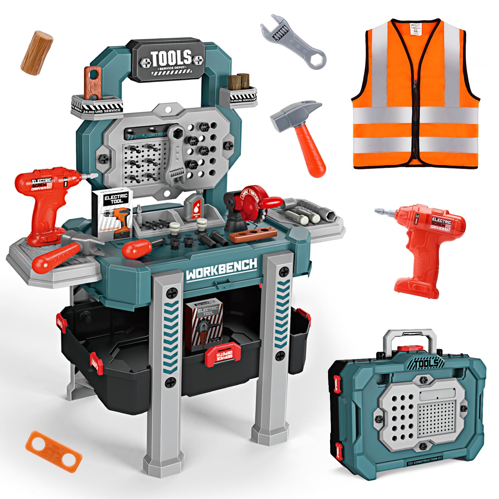 JovowKids Tool Bench with Realistic Tools and Electric Drill, Suitable for 3-5 Year Olds to Build Their Own Toy Workbench, 79 Pcs Realistic Toy Tools with Clothes, 32 x 26.6 x 14.4 in-Green