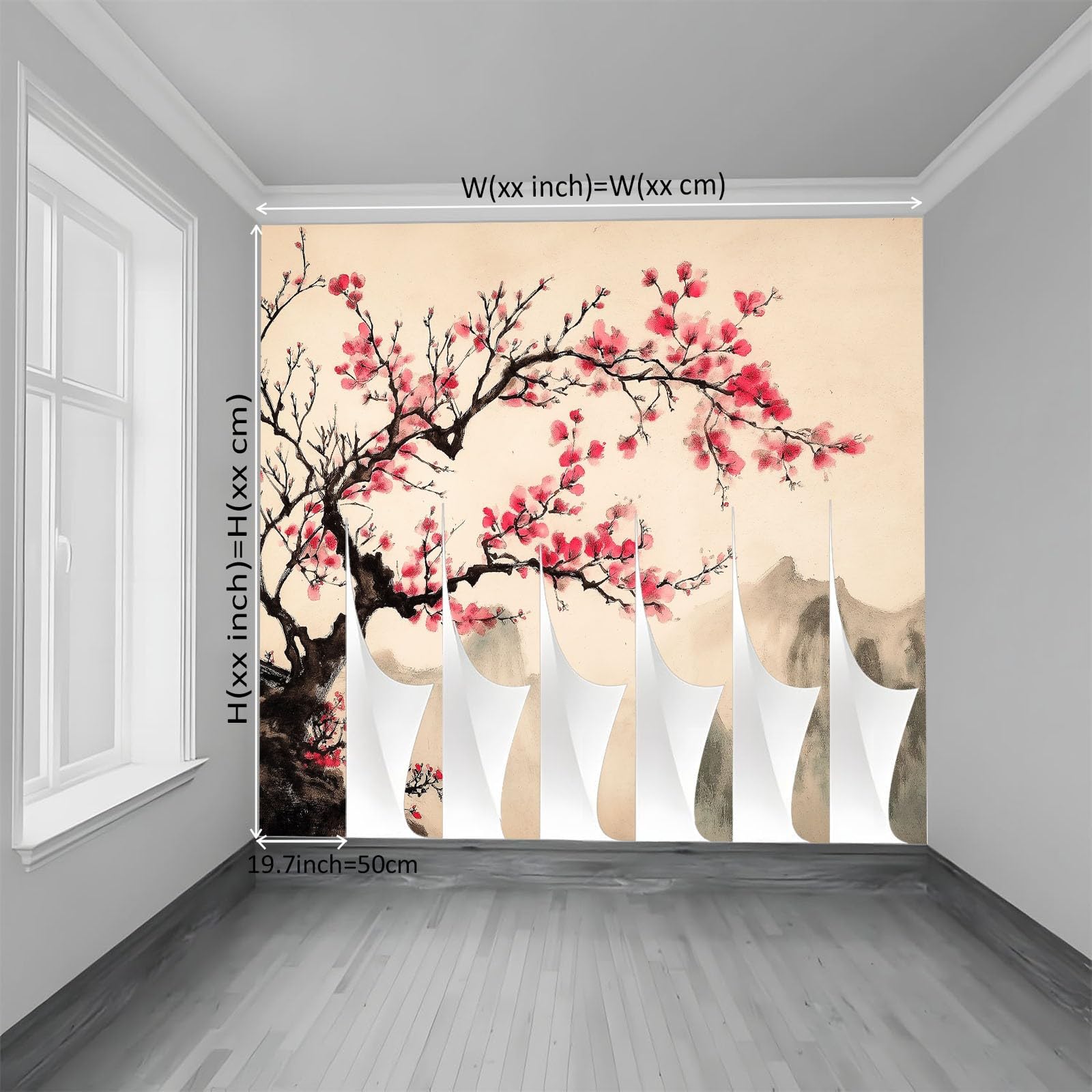 Fotomurales 3D Árbol de flores rosas pintado en tinta 350x256 cm Papel Pintado Fotográfico, Decoración De la Pared Murales para Salón, Dormitorio, Habitación para Niños, Pared de TV
