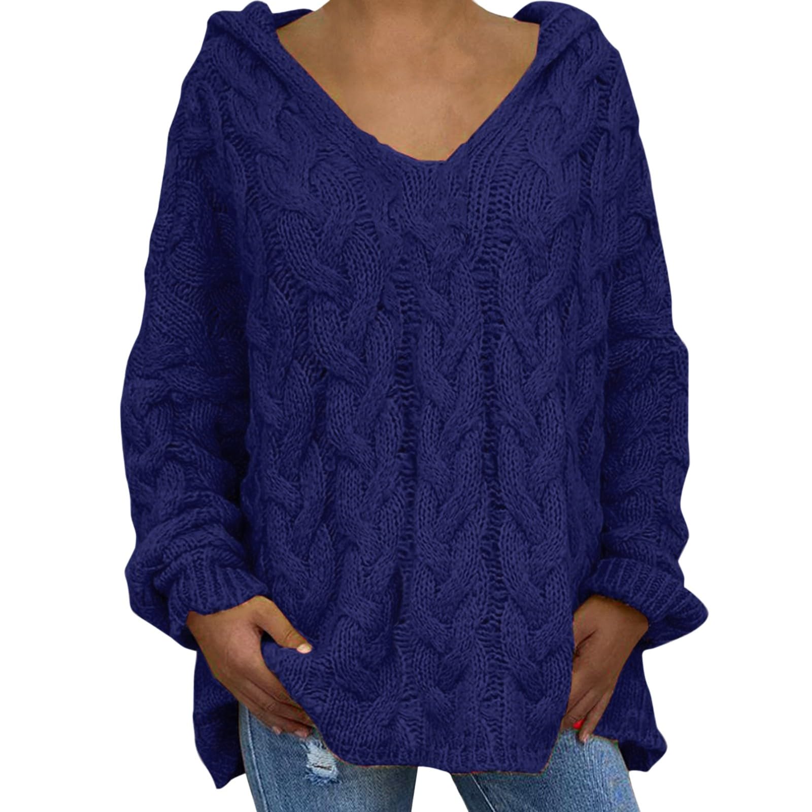 Pull à capuche femme grande taille haut manches longues couleur unie