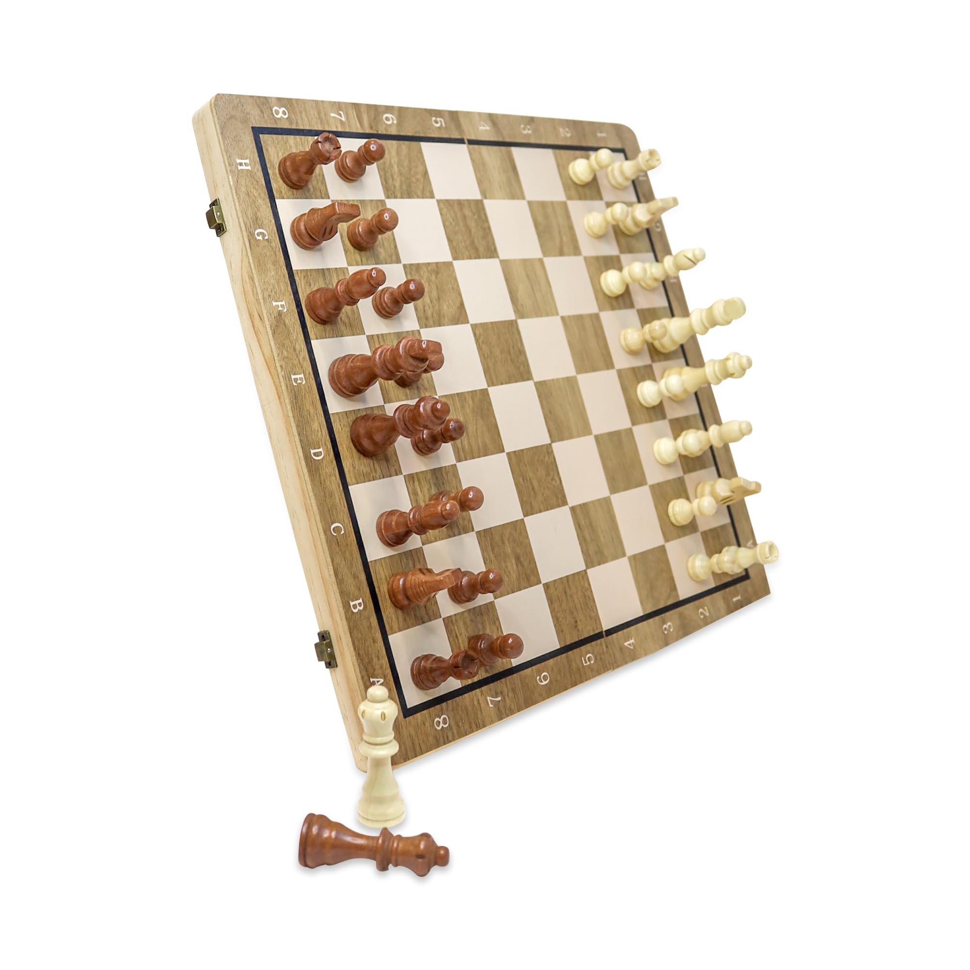 (Upgraded Magnet) 15" Magnetic Chess & Checkers Set, 2 in 1 Board Game, Wooden Handcrafted Folding Chess Board Portable Chess Set with Storage Slots & 2 Extra Queens,Great Gift for Adults & Kids