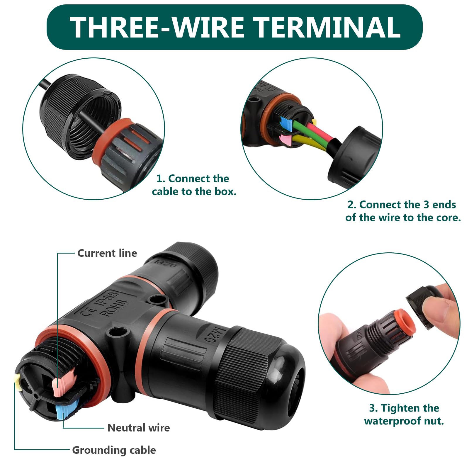 Connettore per cavi impermeabile a 3 poli, 4 connettori per cavi a forma di T, IP68, scatola di giunzione per cavi di diametro 3 – 12 mm, connettori per cavi impermeabili per giardino e esterni