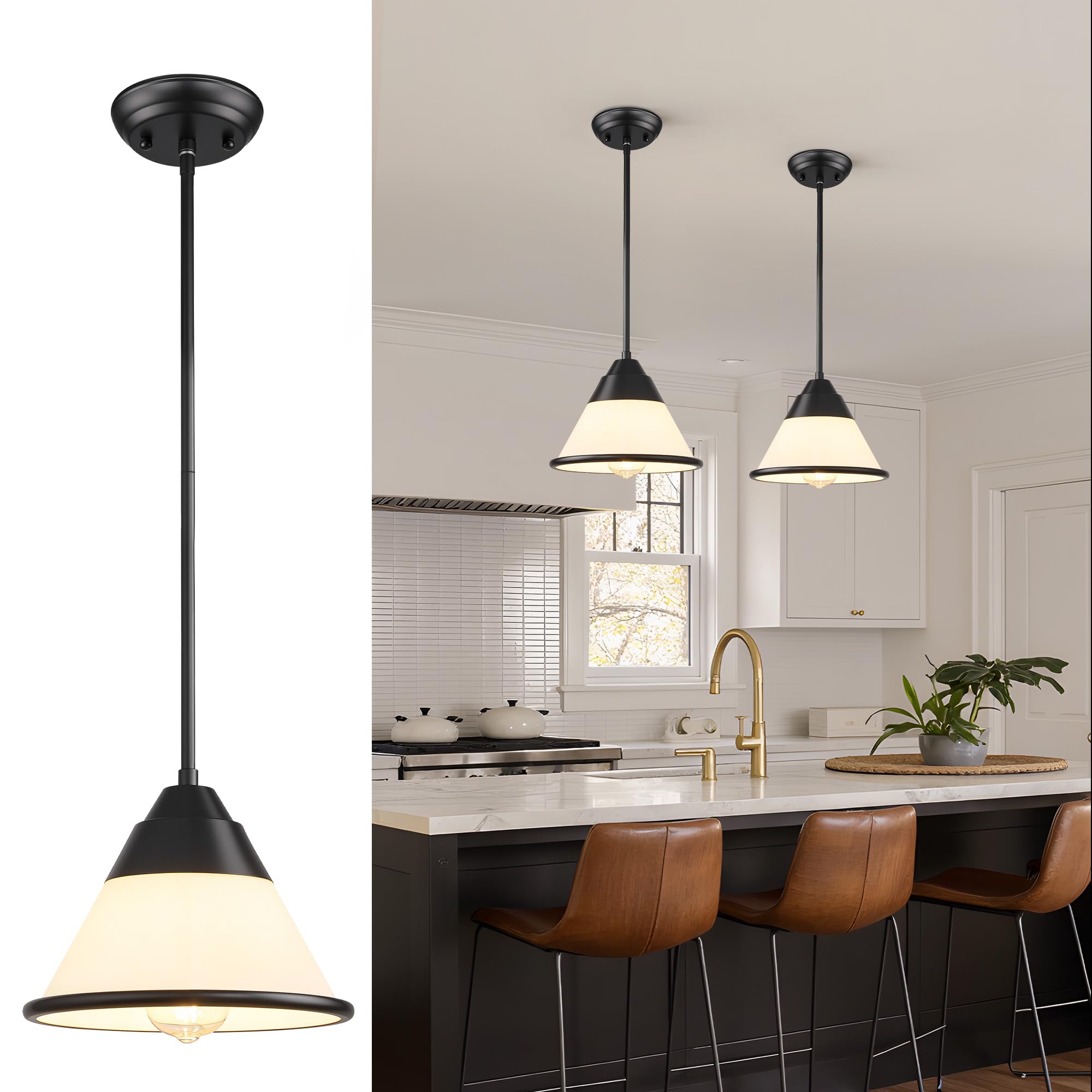 Photo 1 of *** MISSING PARTS*** Linour 9.4-Inch Black Pendant Light, Vintage Farmhouse Schoolhouse Light Fixture with Milk Glass Shade, Adjustable Height Hanging Light for Kitchen Island, Dining Room, Hallway Entryway