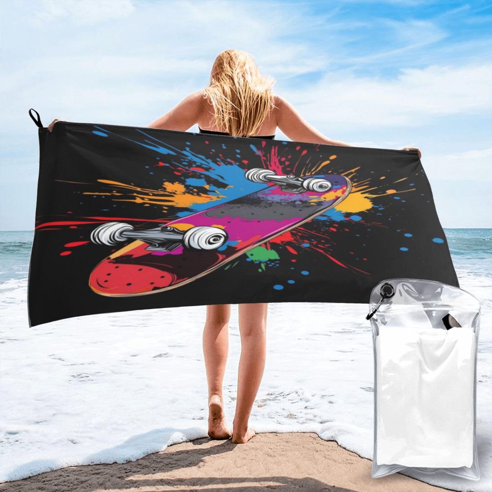 Anceky Vibrant Skateboard with Splatter Background Quick Dry Microfiber Travel Towel with Carry Case and Carabiner 27.5"X55"