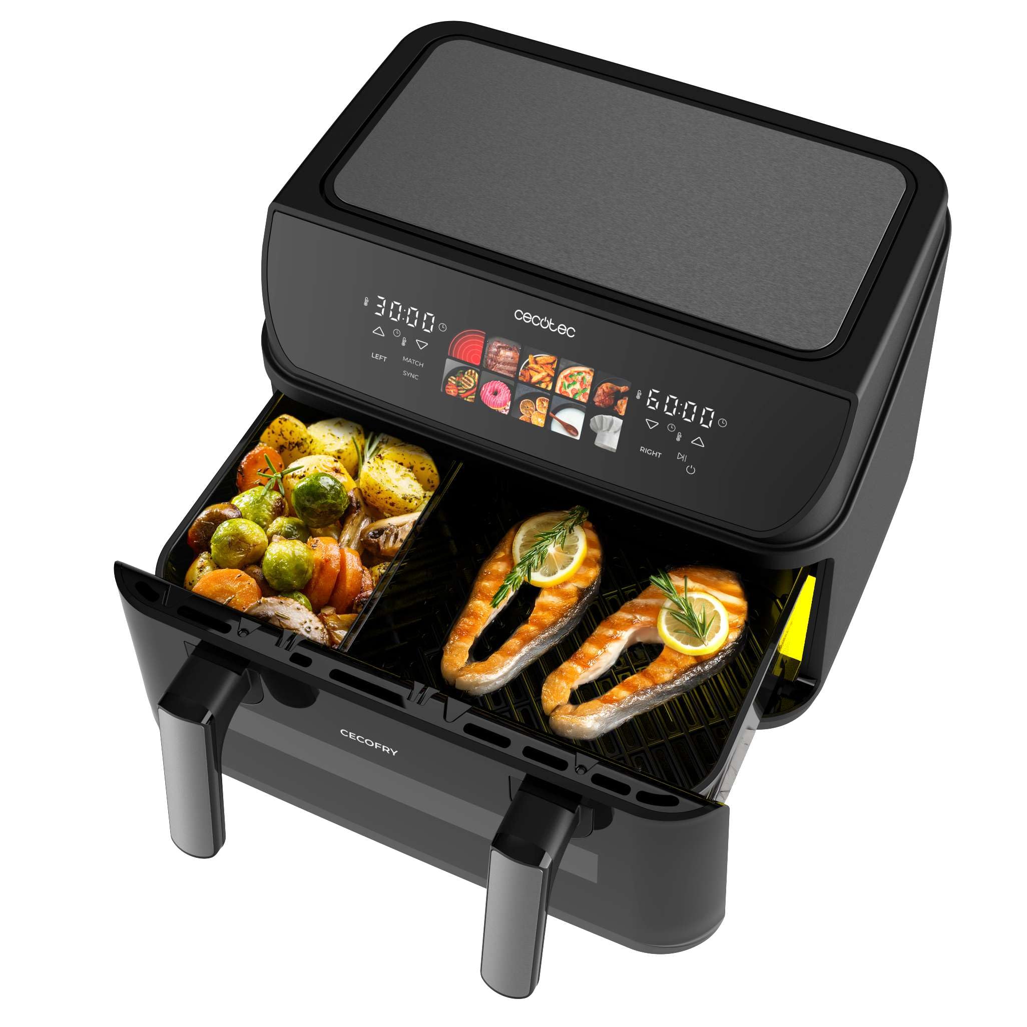 Cecotec Freidora de Aire sin Aceite de 10L con Doble Resistencia, Plancha, Grill, Air Fryer Cecofry&Grill 2800W, Pared Divisoria Móvil, Temperatura Regulable 40-200°C, 10 Menús