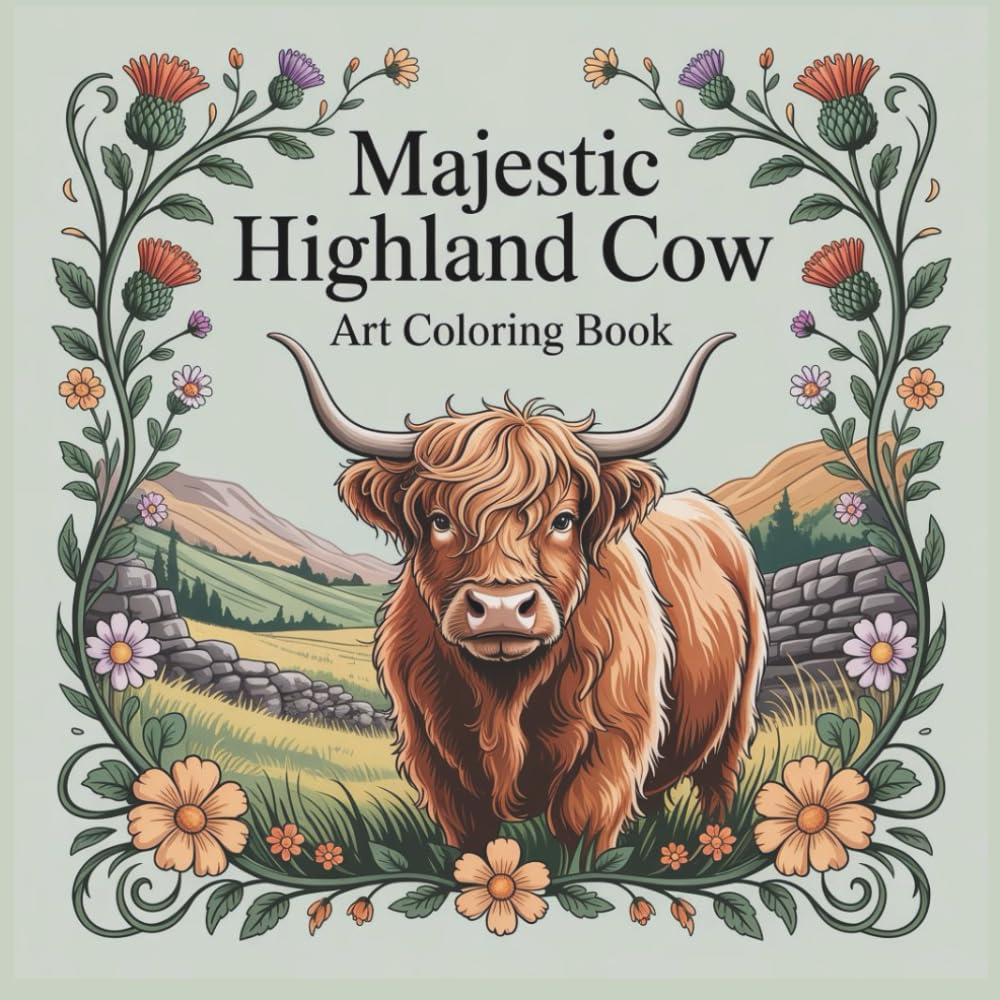 Majestic Highland Cow Art Coloring Book: 50 Beautiful Countryside and Floral Scene Pages for Adults Who Love Scottish Cows