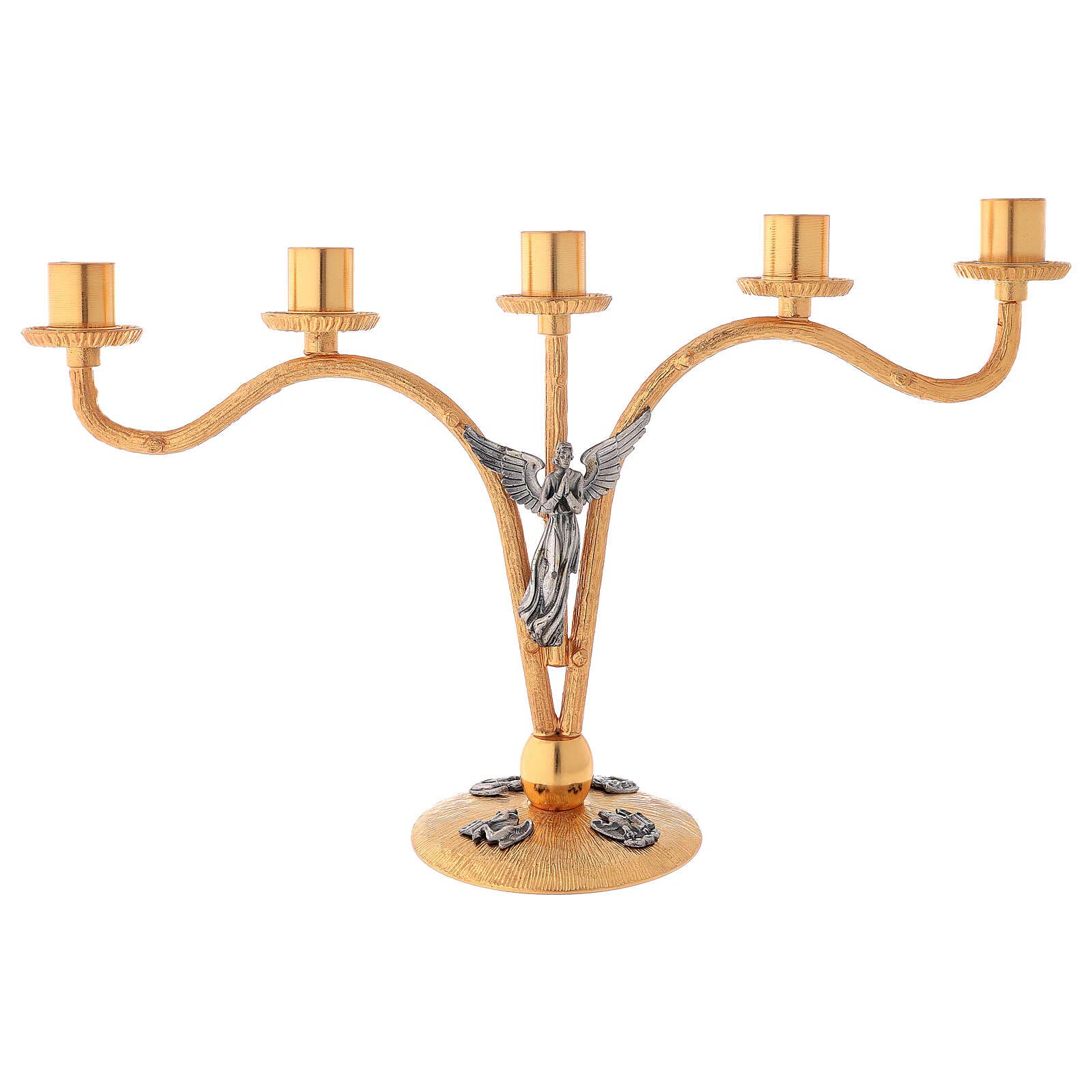 Altar Brass Candelabrum, 5 arms, Angel and Evangelists, h 30 cm