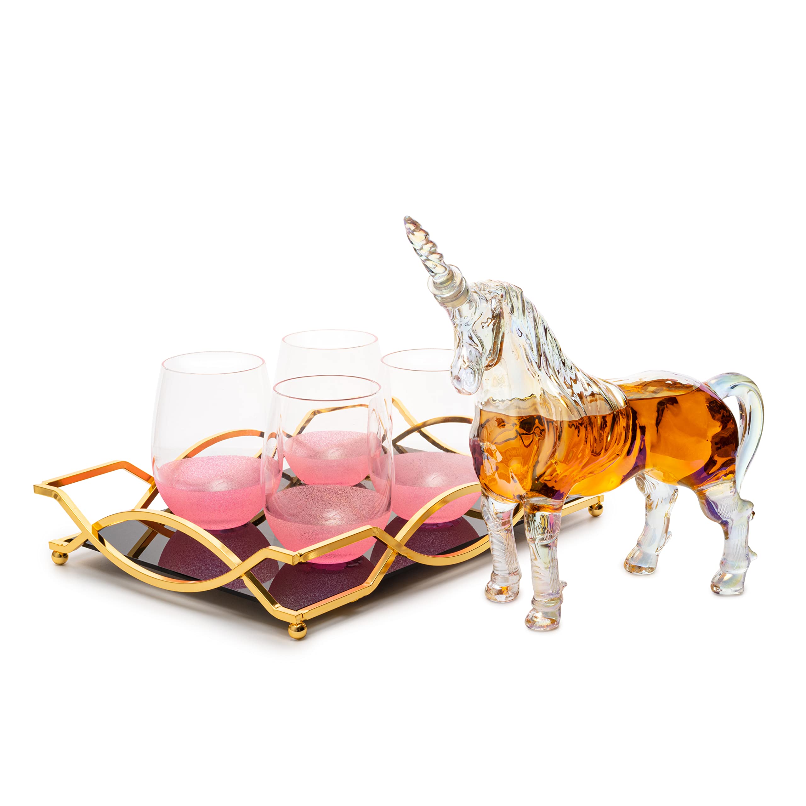 The Wine Savant Wein-Whisky-Karaffe-Set, schillernd, 750 ml, mit 4 rosa glitzernden Gläsern für Wein, Whiskey, Scotch, 25.4 cm breit, 27.9 cm hoch