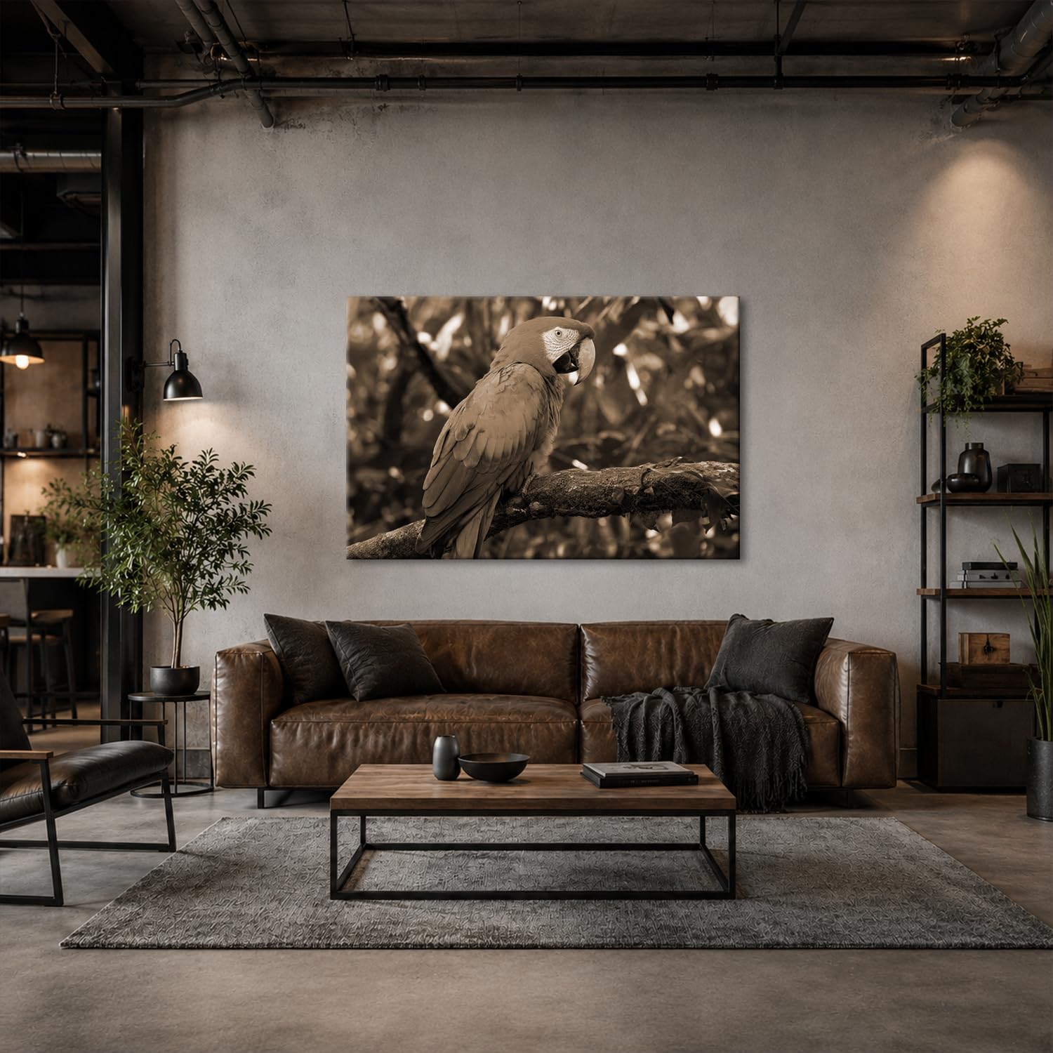 deyoli Obraz na płótnie Kolorowa papuga na gałęzi w lesie 70 x 50 cm Sepia | Format poziomy, jednoczęściowy druk artystyczny XXL, obraz na blejtramie, obraz na płótnie, obraz ścienny, dekoracja salonu