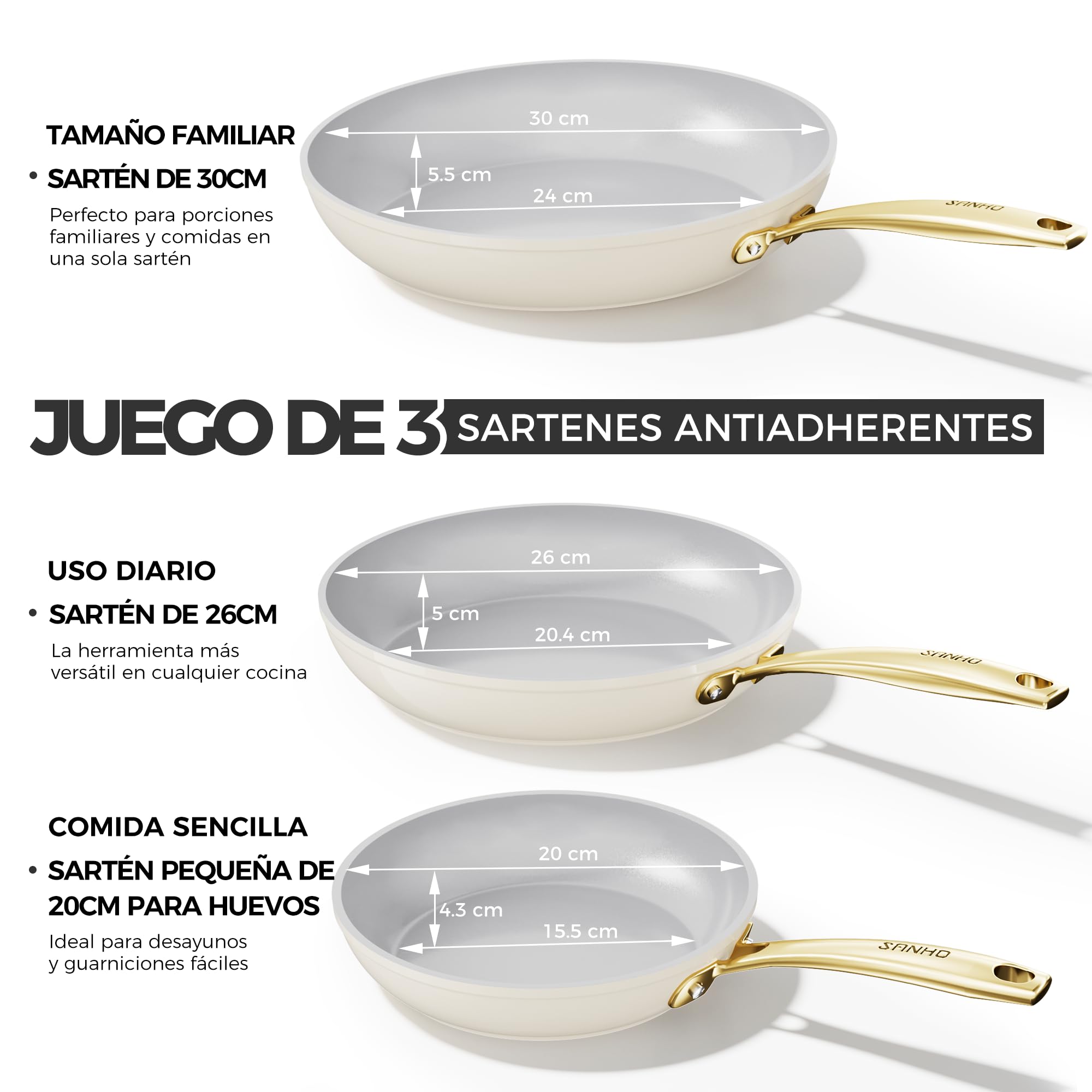 Sanho Sartén antiadherente con mango dorado (8-10-12 pulgadas, 3 piezas)