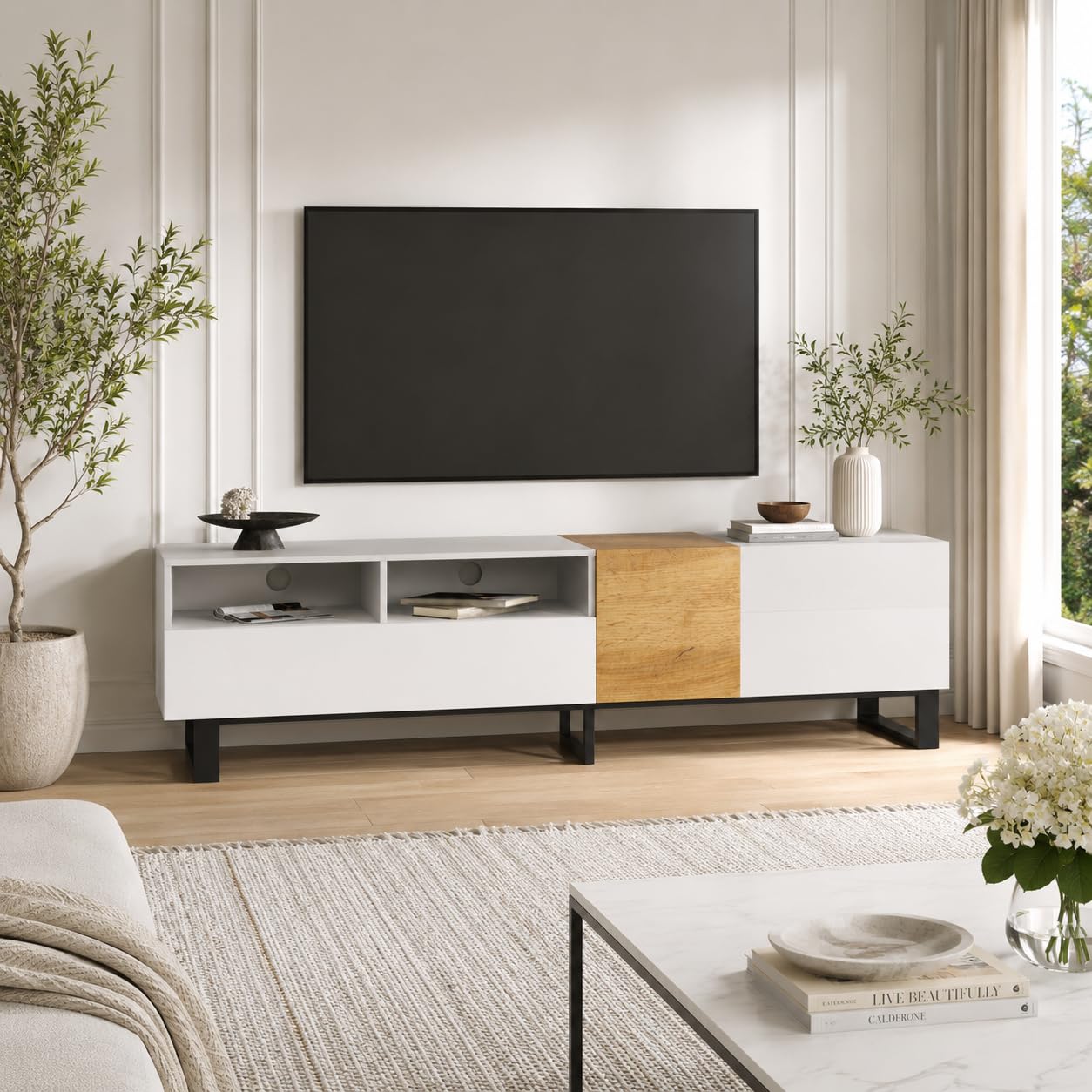 OLIVIBED 180cm TV Stand Cabinet, TV Console for TV up to 75 Inch, Mid Century Modern Entertainment Center with Open Shelf and 2 Drawers, TV Unit for Living Room, Bedroom, Entertainment Room, White