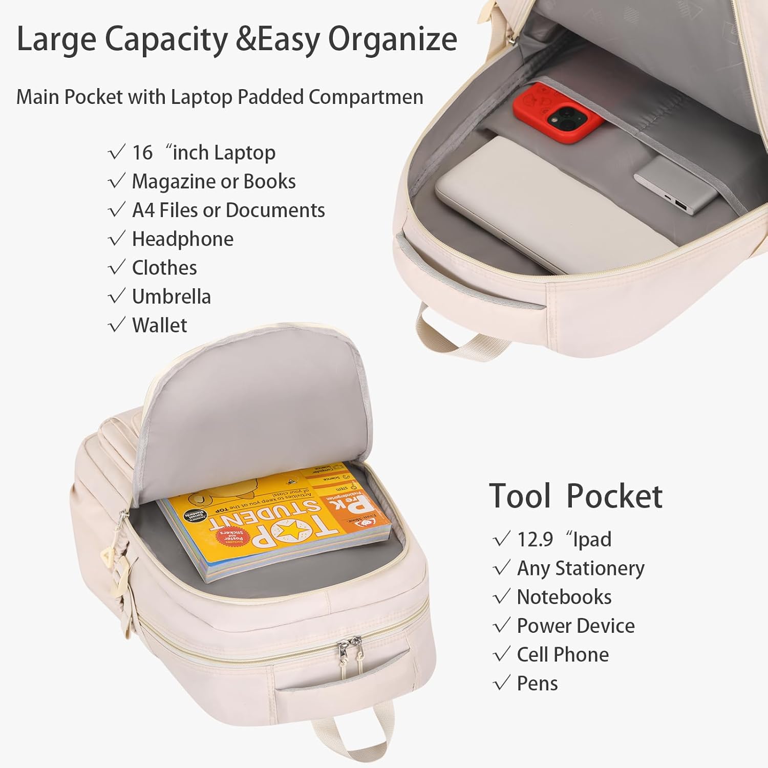 School backpack for Girls, Aesthetic Backpack for Women Cute Bookbag Preppy College (Beige) - Image 4