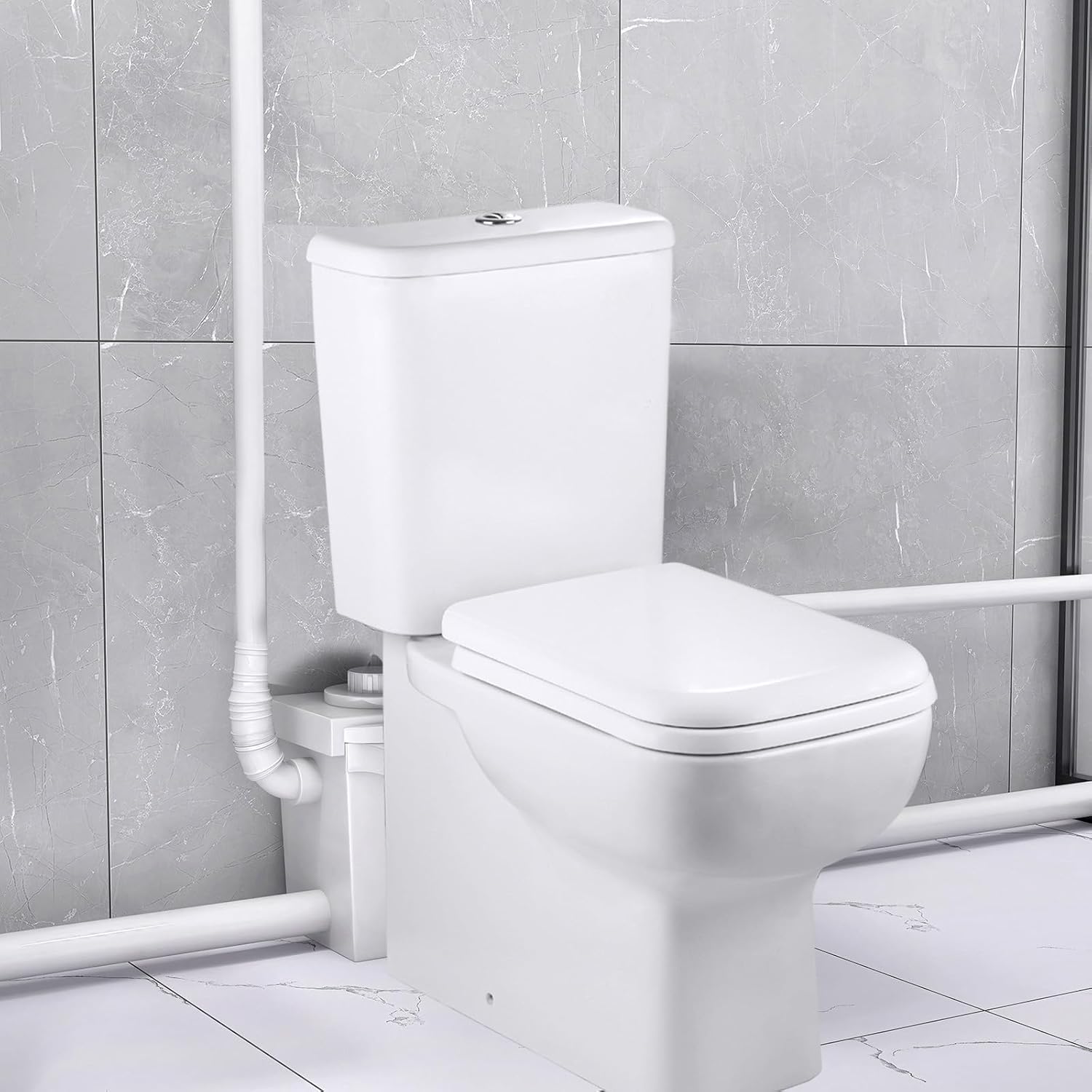 WinZo 700W Macerating Toilet with Upflush System for Basement Comfort Square 17" With Dual Flush Toilet Tank & Pump Five Connections For Sink,Bathtub,Shower White (WZ5813-700)