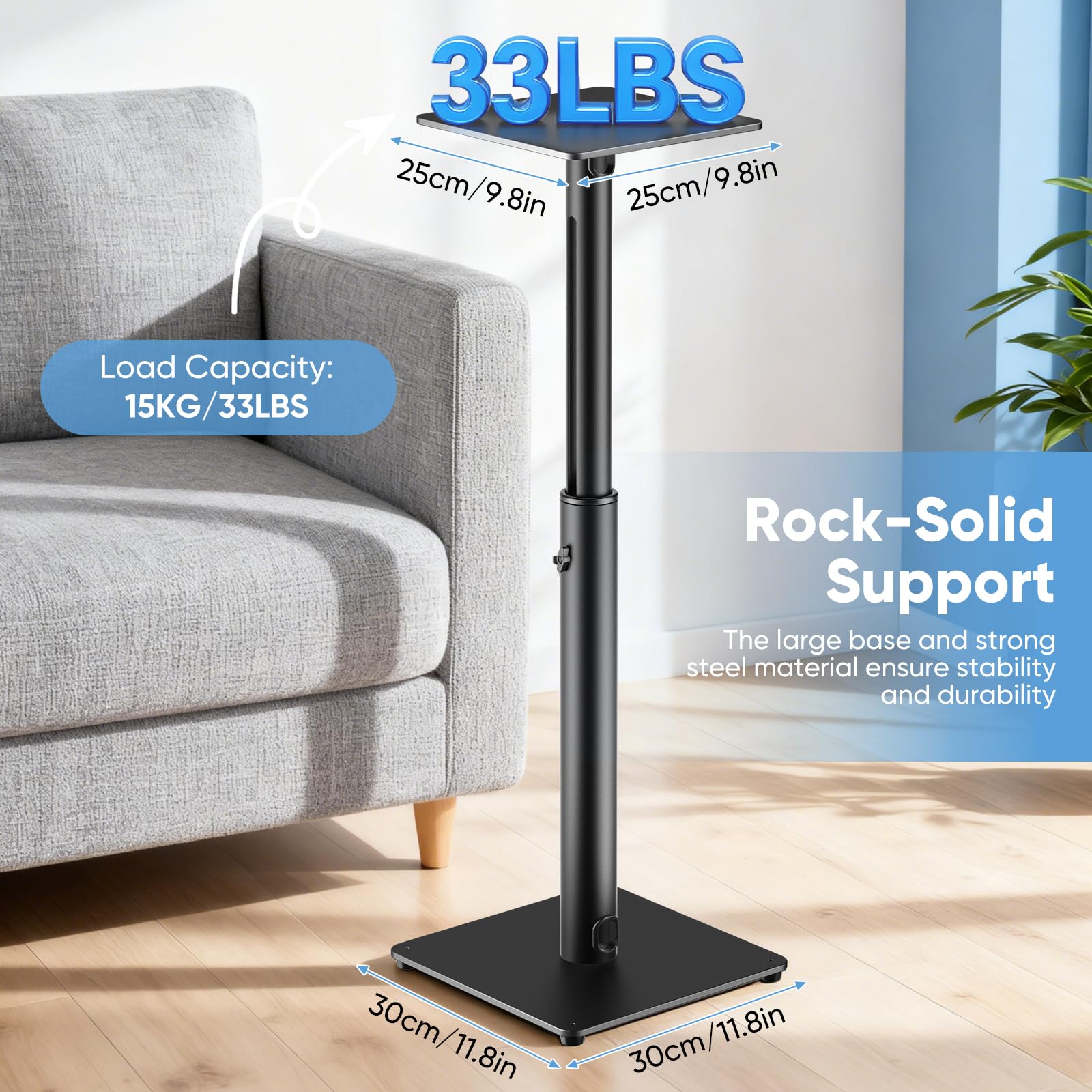 Soportes para Altavoces, Juego de 2 Soportes universales de Suelo para Altavoces de Sonido Envolvente, Altura Ajustable, Capacidad de 15 kg Cada uno, gestión de Cables, fácil Montaje, Antideslizantes