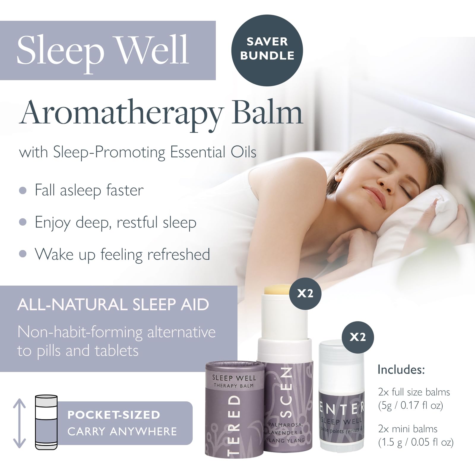 Scentered Sleep Well - Paquete protector de bálsamo de aromaterapia, 2 bálsamos de 5 g y 2 mini bálsamos de viaje para un sueño reparador, aceites esenciales de lavanda, clavo, rosa, manzanilla, ylang