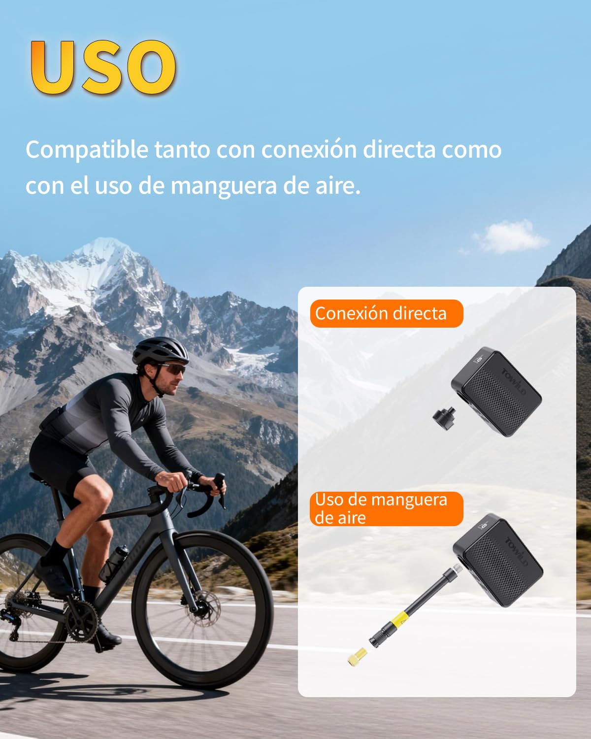 TOWILD A13 Bomba de Bicicleta Eléctrica con Manómetro, 130 PSI Bomba de Aire Portátil Compresor de Aire Recargable, Válvulas Presta y Schrader, Apagado Automático para Bicicleta de Montaña y Ciudad