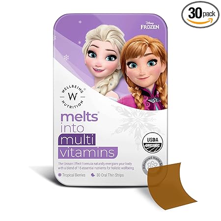 Wellbeing Nutrition Frozen Elsa & Anna Melts | Kids Organic Multivitamin with Vitamin A, B-Complex, C, D and Iron | 100% Plant Based for Growth and Immunity | Mixed Berry Flavor (30 Oral Strips)