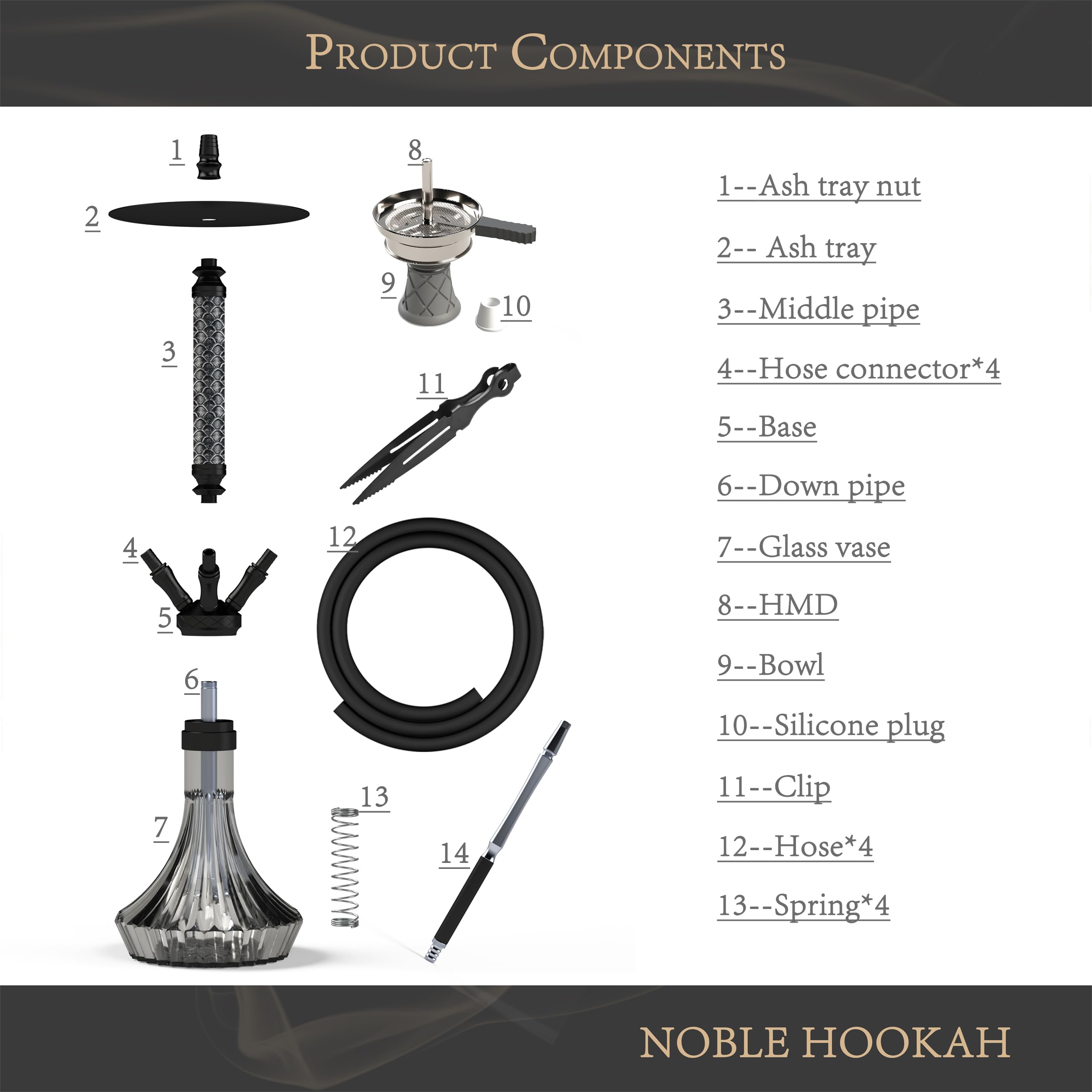 NOBLE HOOKAH Shisha Set 4 Anschlüsse Mit Lederbesatz Shisha Kopf XL Shisha 4 Schlauch aus Aluminiumrohr,Ausgestattet mit 4 Silikonschläuchen und Griff