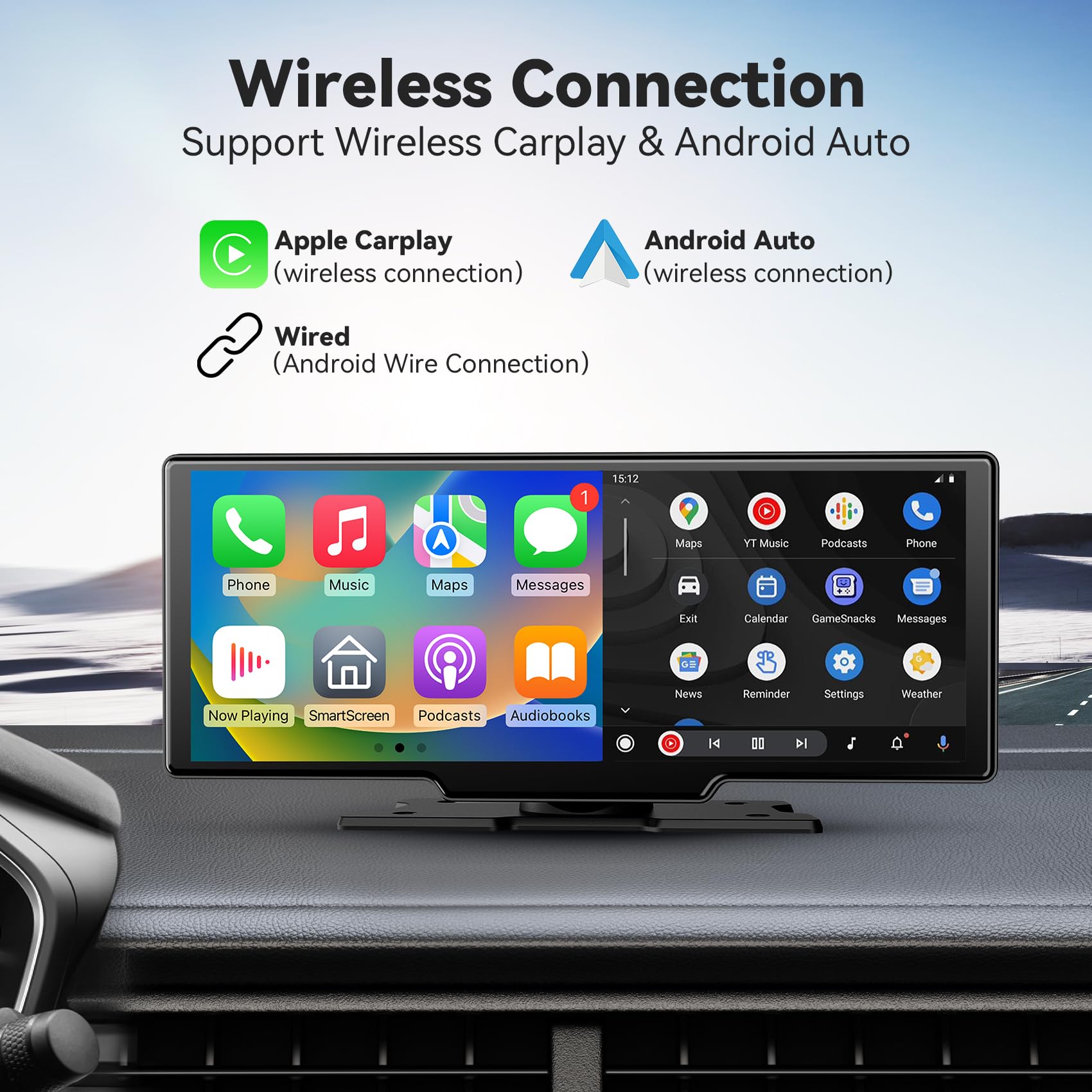 Rimoody Draadloze Apple Carplay en Android Auto draagbare autoradio, 10,26 inch autoradio met
