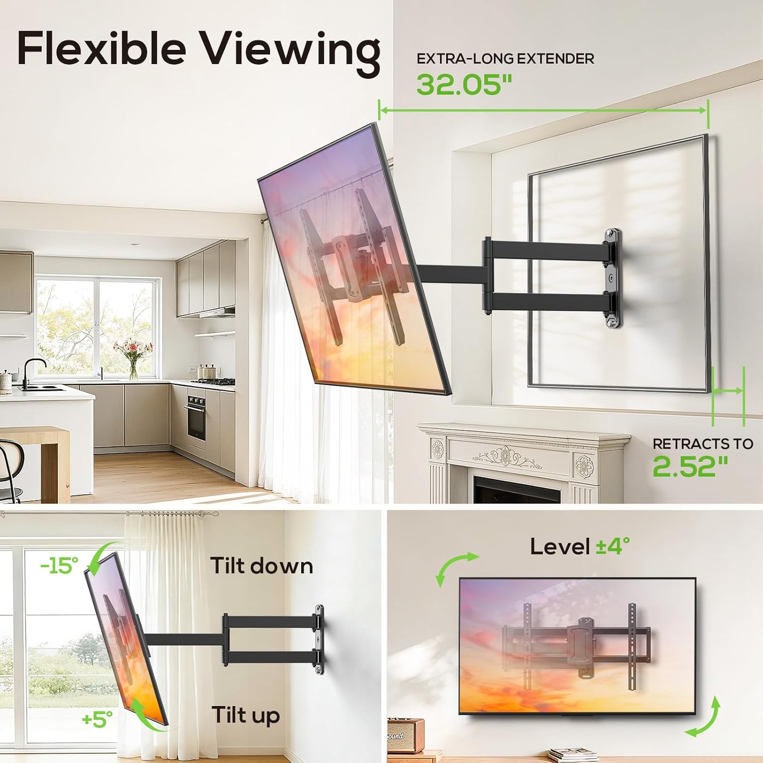 USX MOUNT Corner TV Wall Mount with 32.05" Long Arm for 32-75 Inch TVs up to 100 lbs, Full Motion TV Wall Mount Bracket with Swivel and Tilt, Max VESA 600x400mm fit Most 32 40 50 55 60 65 70 75TVs
