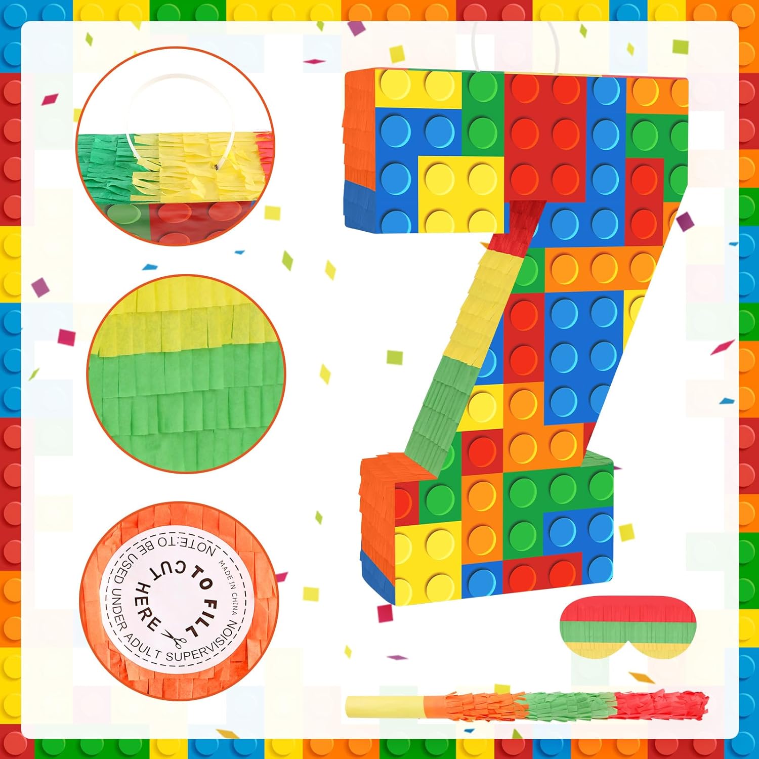 Number 7 Pinata Building Blocks with Pinata Stick Blindfold 7th Birthday Party Decorations Happy Birthday Building Block Theme Anniversary Party Supplies for Kids (Small, 16 x 10.6 x 3 in)