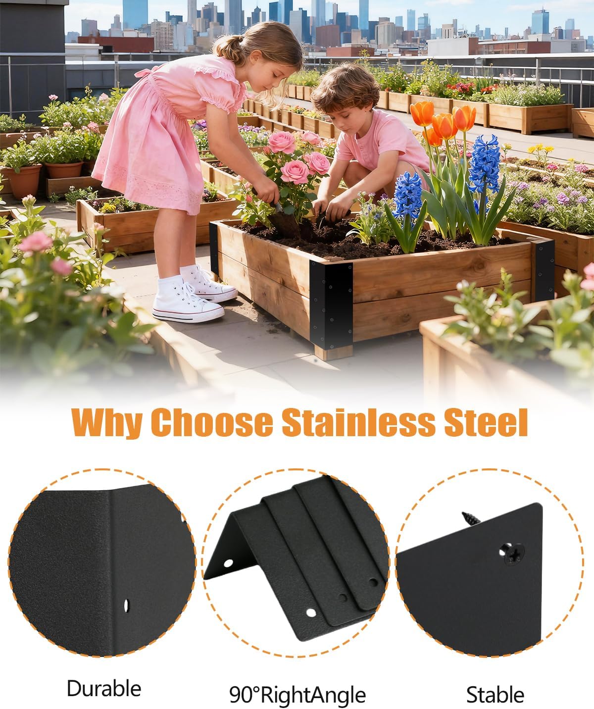 Stainless Steel Raised Garden Bed Corner Brackets 8 PCS, Rustproof & Corrosion Resistance Garden Bed Supports for 20"-24" Beds, Rust Resistant Connectors for Vegetable Planter Garden, 11" x 3" x 3"