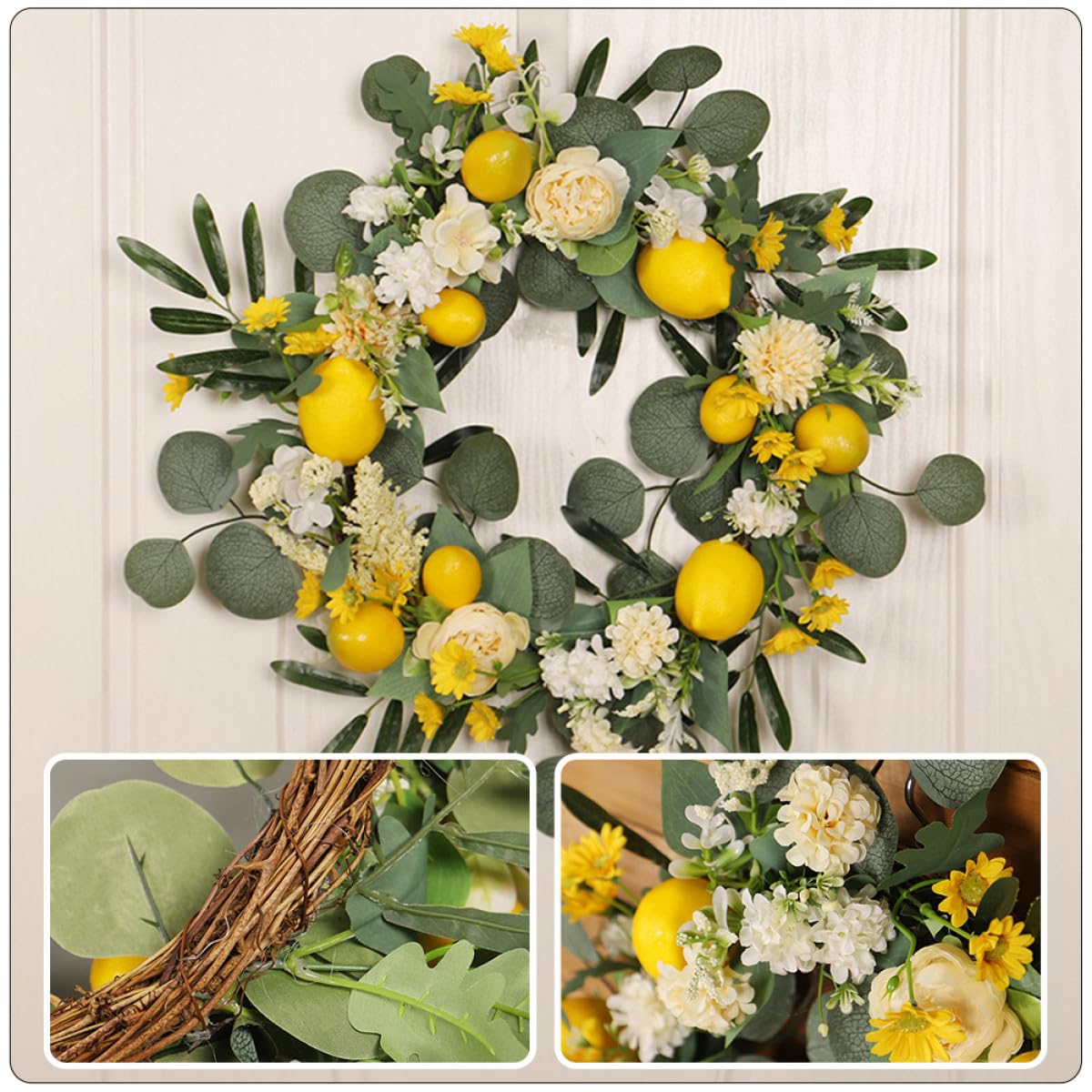 Sommerkranz aus Echtfaserblumen Hängender Türkranz für Haustür Frühling Zitronendekoration Künstlicher Blumenkranz aus Hochwertigem Material