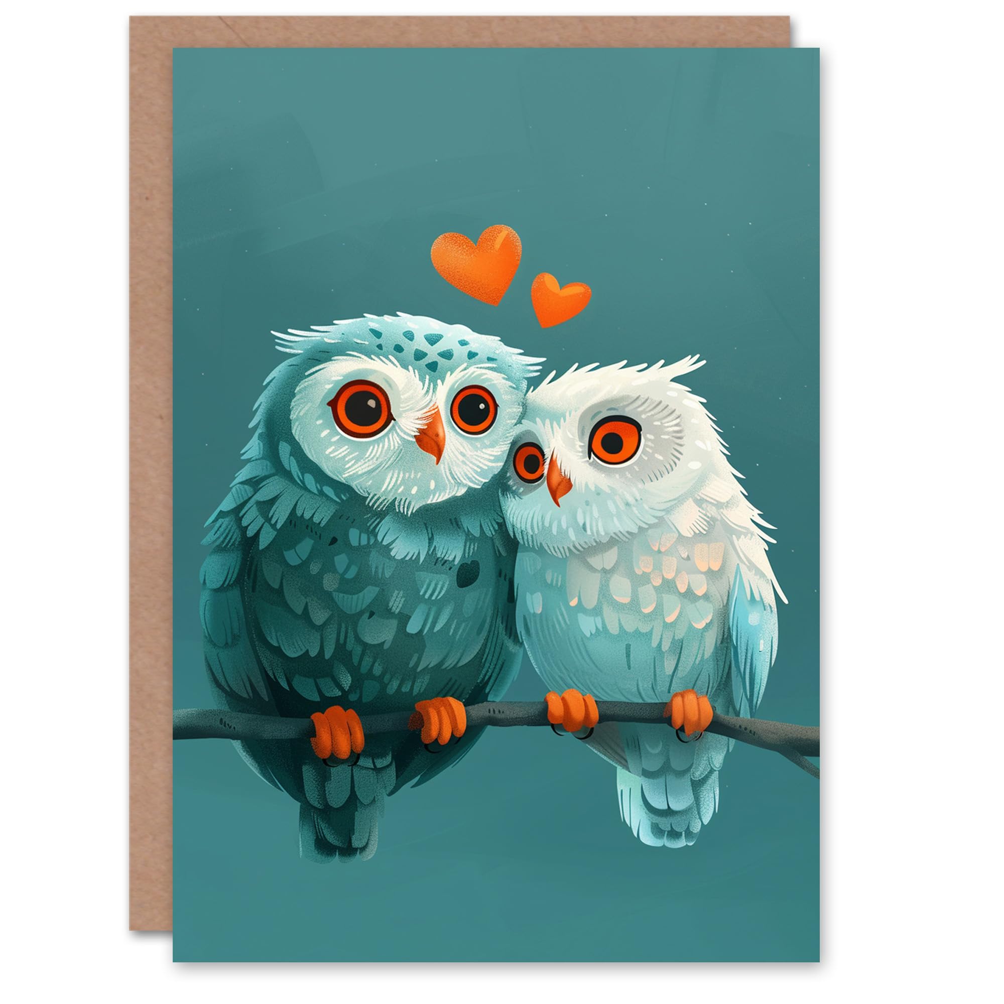 Artery8 Valentine's Day Card Two Cute Owls in Love Night Blue Sky Branch Blank Arty Art All Occasion Greeting Card