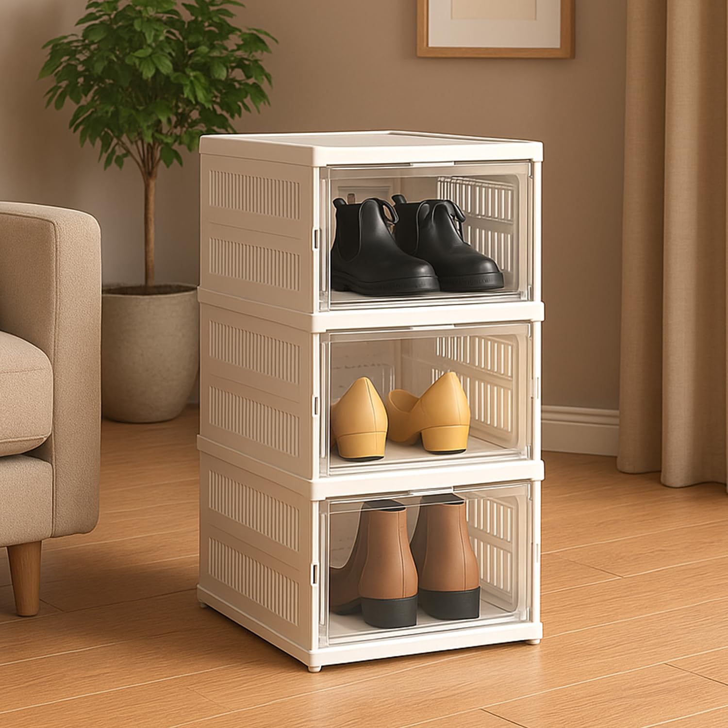 by Trendy Home Shoe Rack (3-Layer) Foldable Sneakers Box, Collapsible Storage Organizer for Shoe, Slippers and Books, Storage Rack for Living Room, Multipurpose Cabinet Organizer (White)-image-4